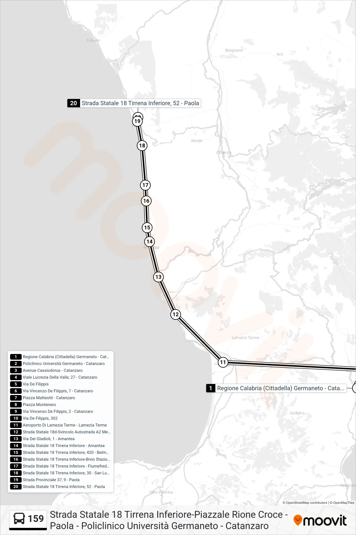 Linea 159 bus (Strada Statale 18 Tirrena Inferiore, 52 - Paola) - Percorsi e fermate sulla mappa