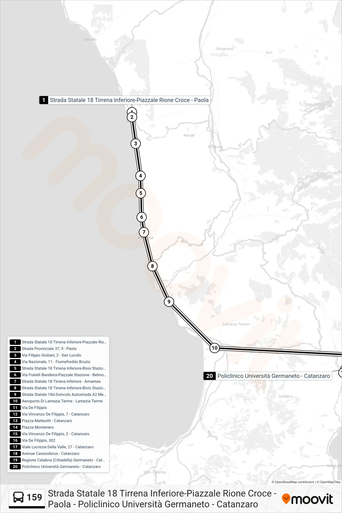 Linea 159 bus (Policlinico Università Germaneto - Catanzaro) - Percorsi e fermate sulla mappa