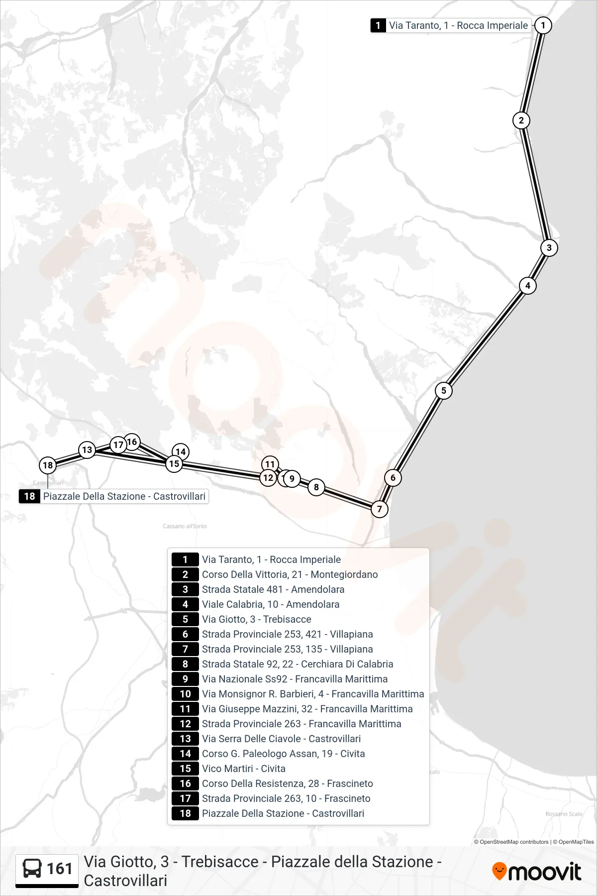 Linea 161  bus (Piazzale Della Stazione - Castrovillari) - Percorsi e fermate sulla mappa