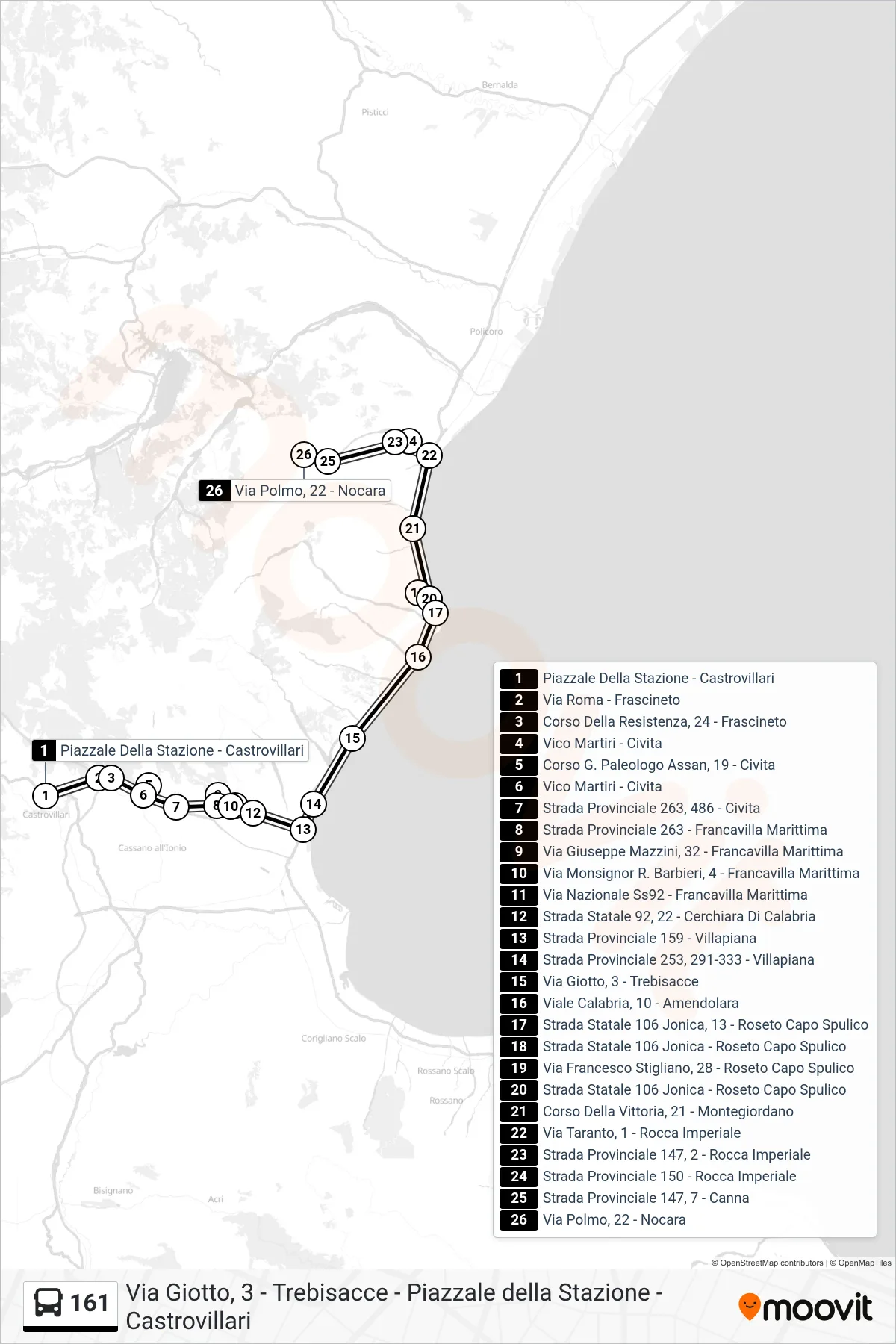 Linea 161 bus (Via Polmo, 22 - Nocara) - Percorsi e fermate sulla mappa