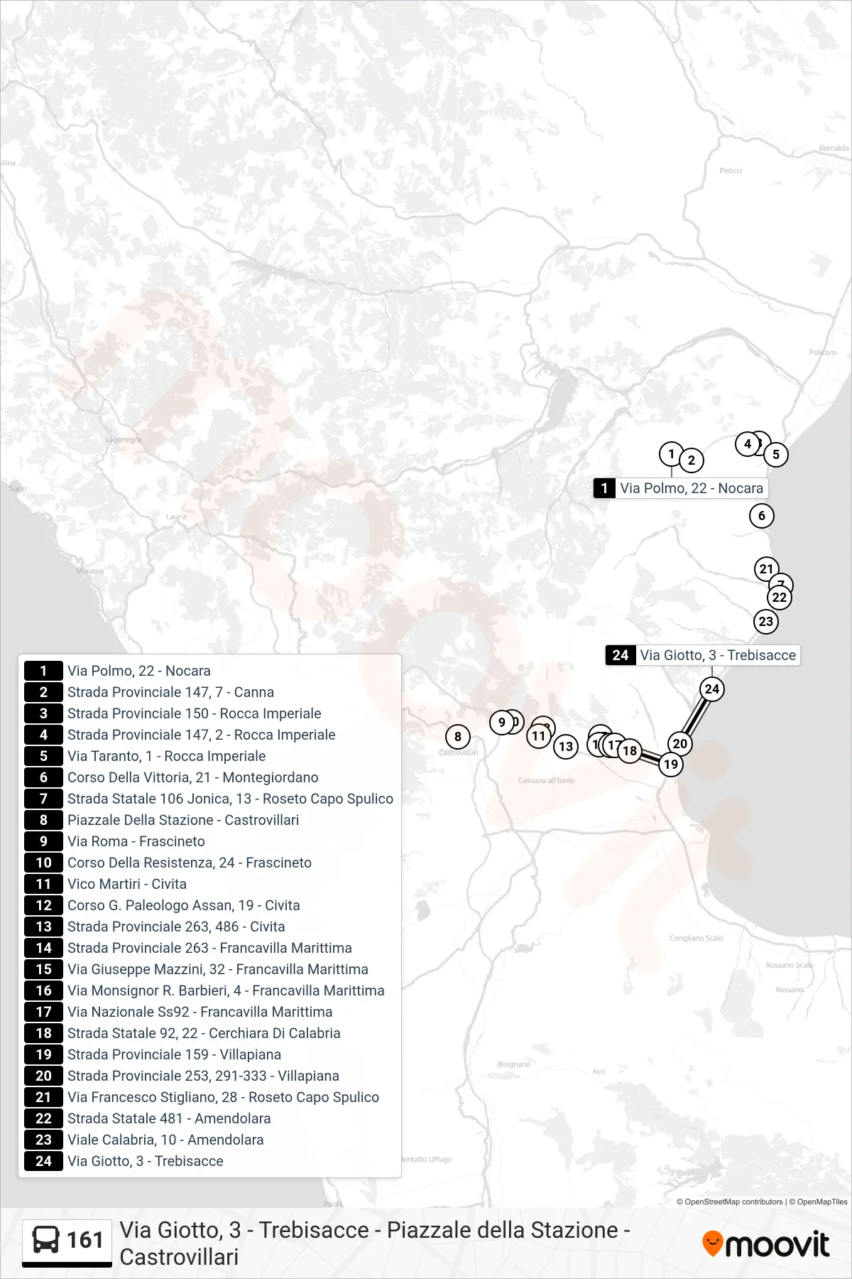 Linea 161  bus (Via Giotto, 3 - Trebisacce) - Percorsi e fermate sulla mappa