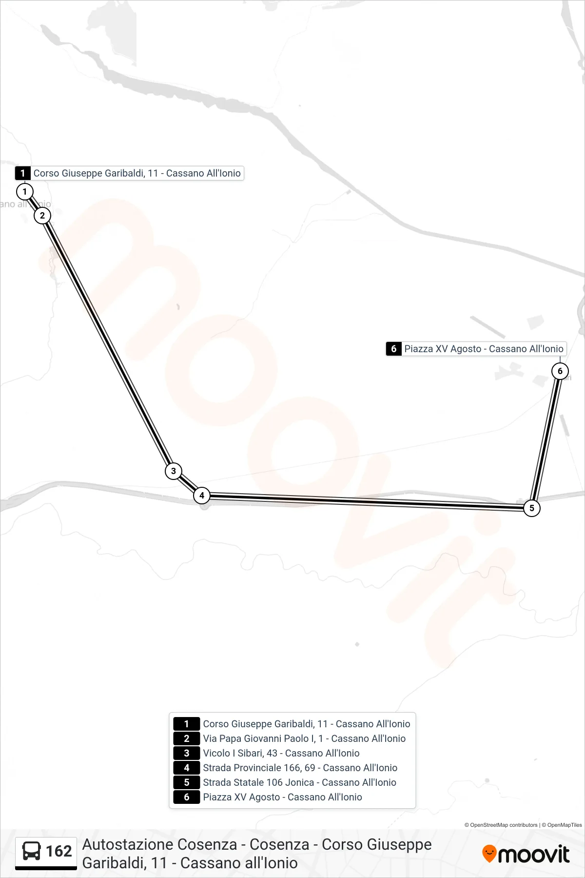 Linea 162 bus (Piazza XV Agosto - Cassano All'Ionio) - Percorsi e fermate sulla mappa