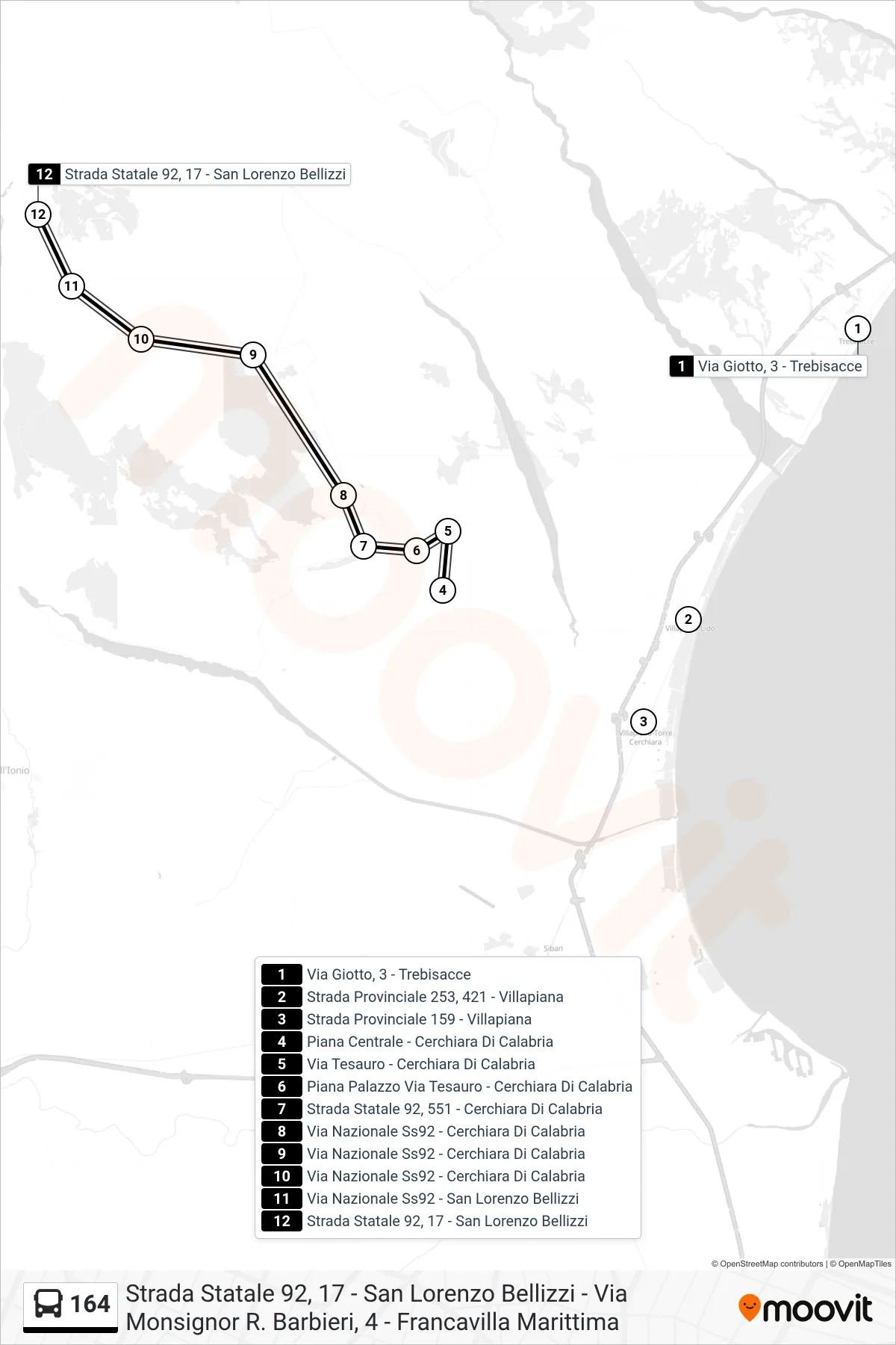 Linea 164 bus (Strada Statale 92, 17 - San Lorenzo Bellizzi) - Percorsi e fermate sulla mappa