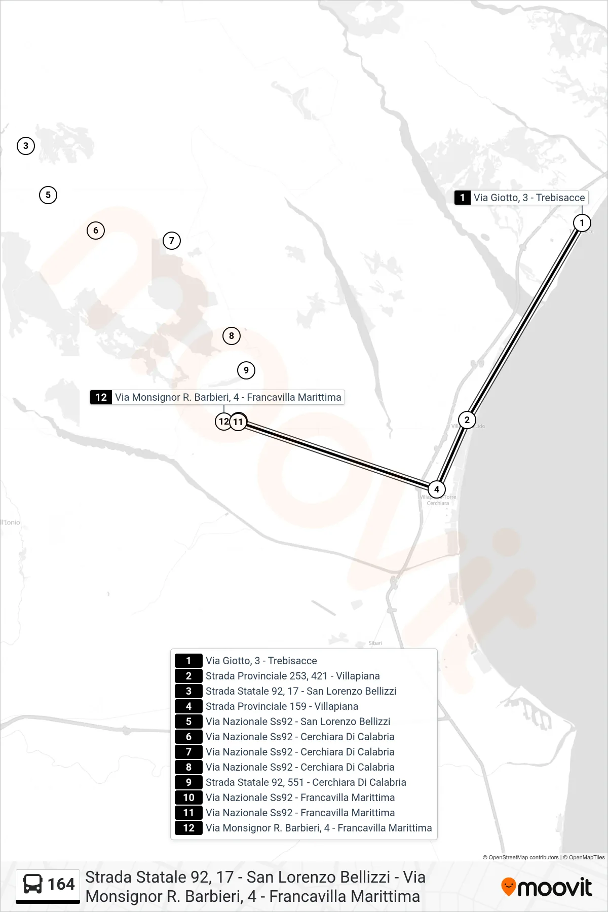 Linea 164  bus (Via Monsignor R. Barbieri, 4 - Francavilla Marittima) - Percorsi e fermate sulla mappa