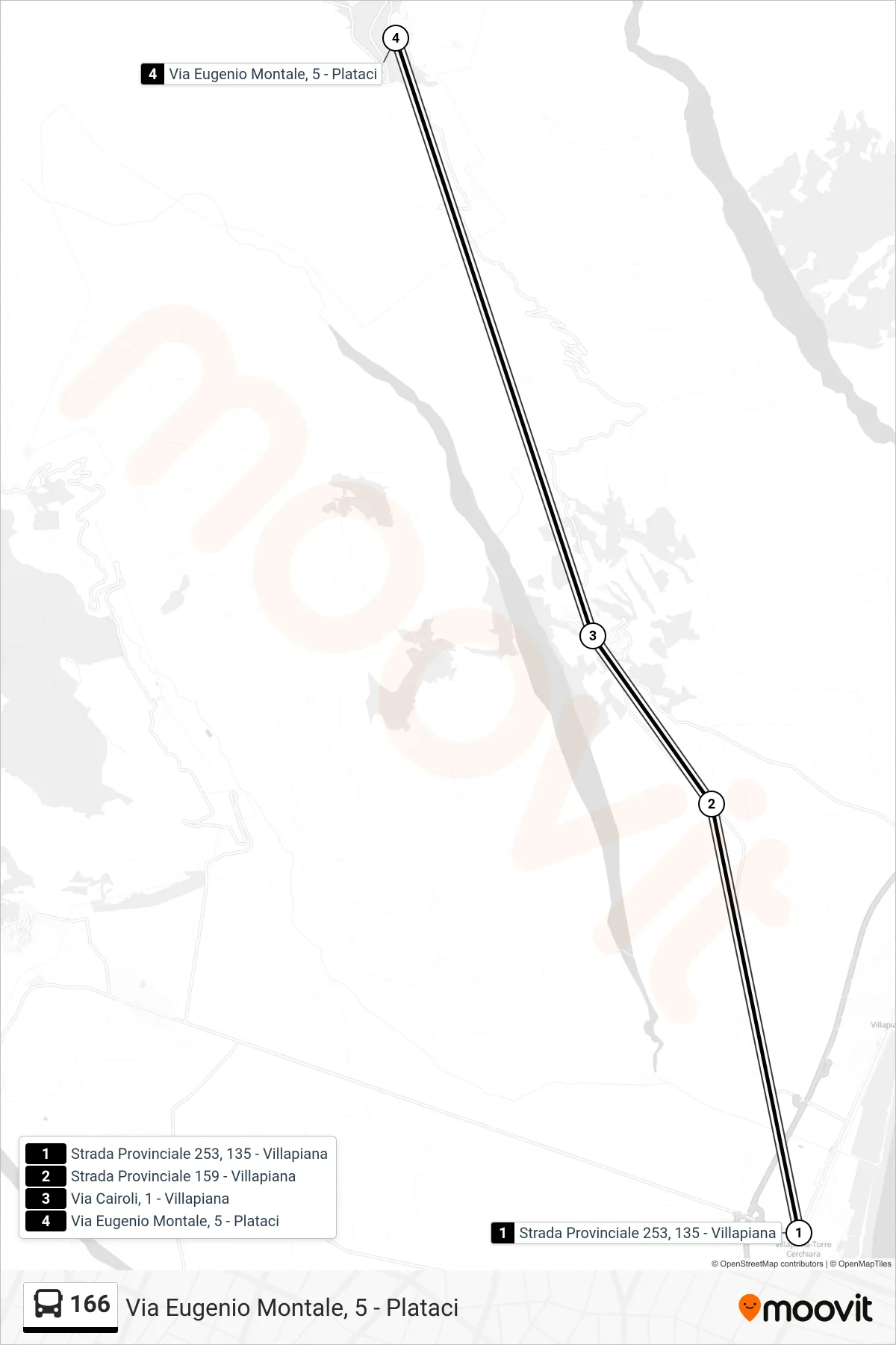 Linea 166 bus (Via Eugenio Montale, 5 - Plataci) - Percorsi e fermate sulla mappa
