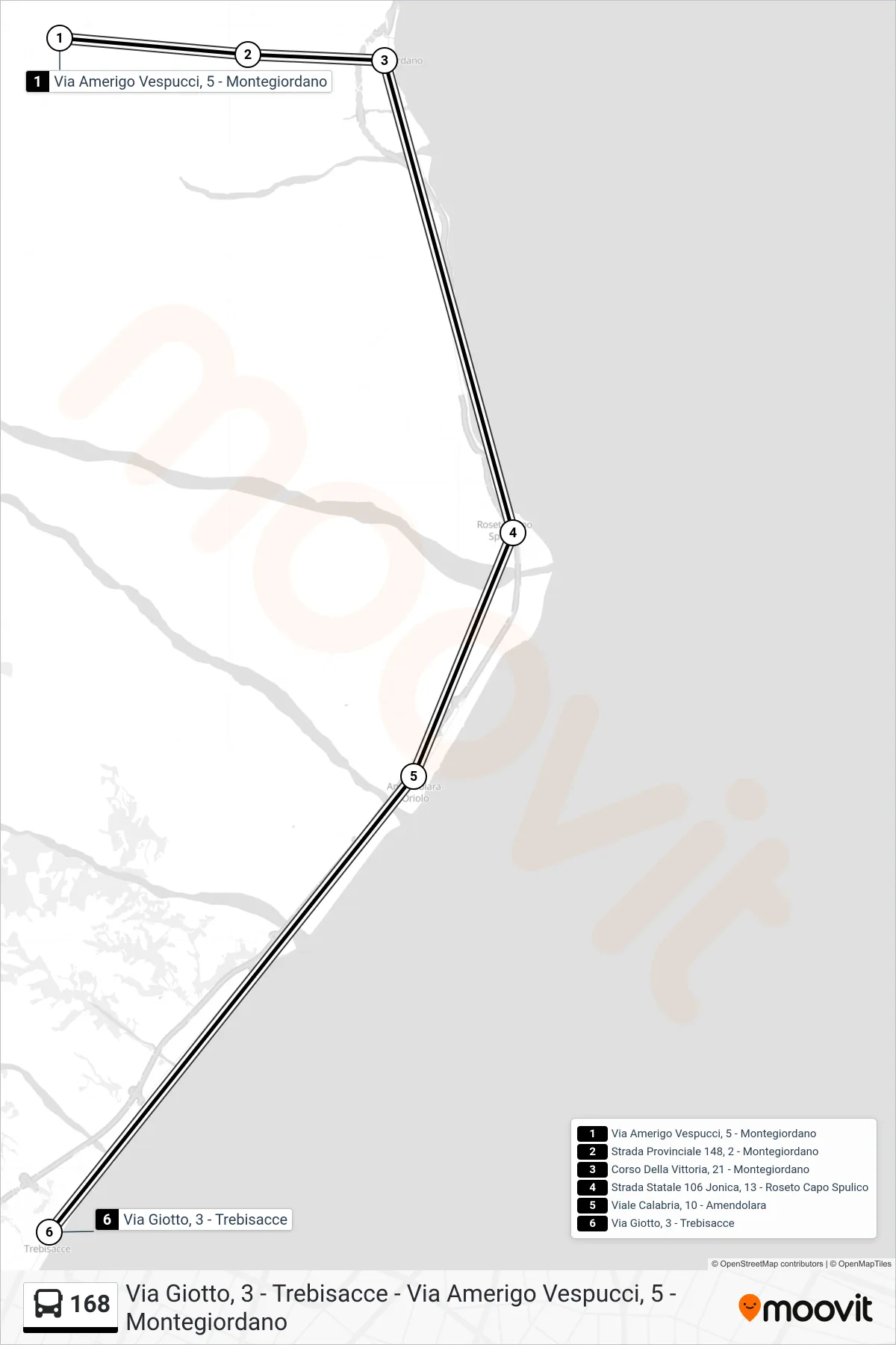 Linea 168  bus (Via Giotto, 3 - Trebisacce) - Percorsi e fermate sulla mappa