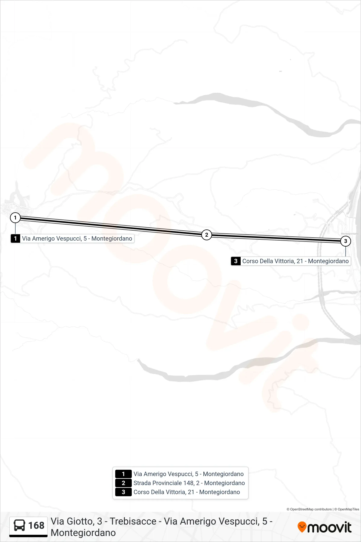 Linea 168  bus (Corso Della Vittoria, 21 - Montegiordano) - Percorsi e fermate sulla mappa