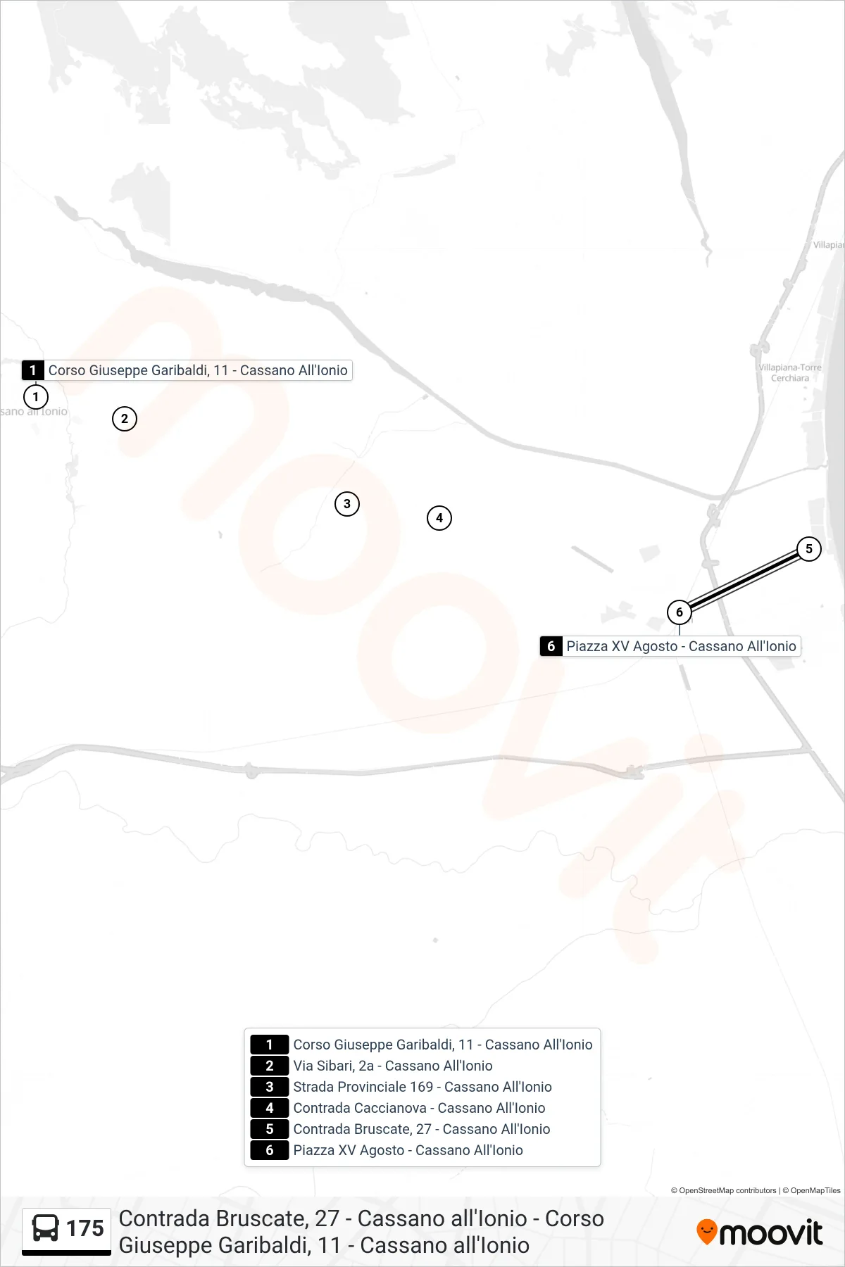 Linea 175 bus (Piazza XV Agosto - Cassano All'Ionio) - Percorsi e fermate sulla mappa