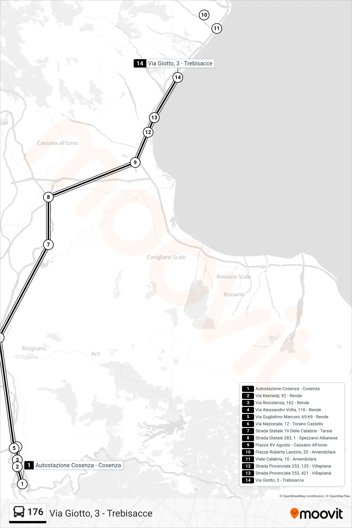 Linea 176 bus (Via Giotto, 3 - Trebisacce) - Percorsi e fermate sulla mappa