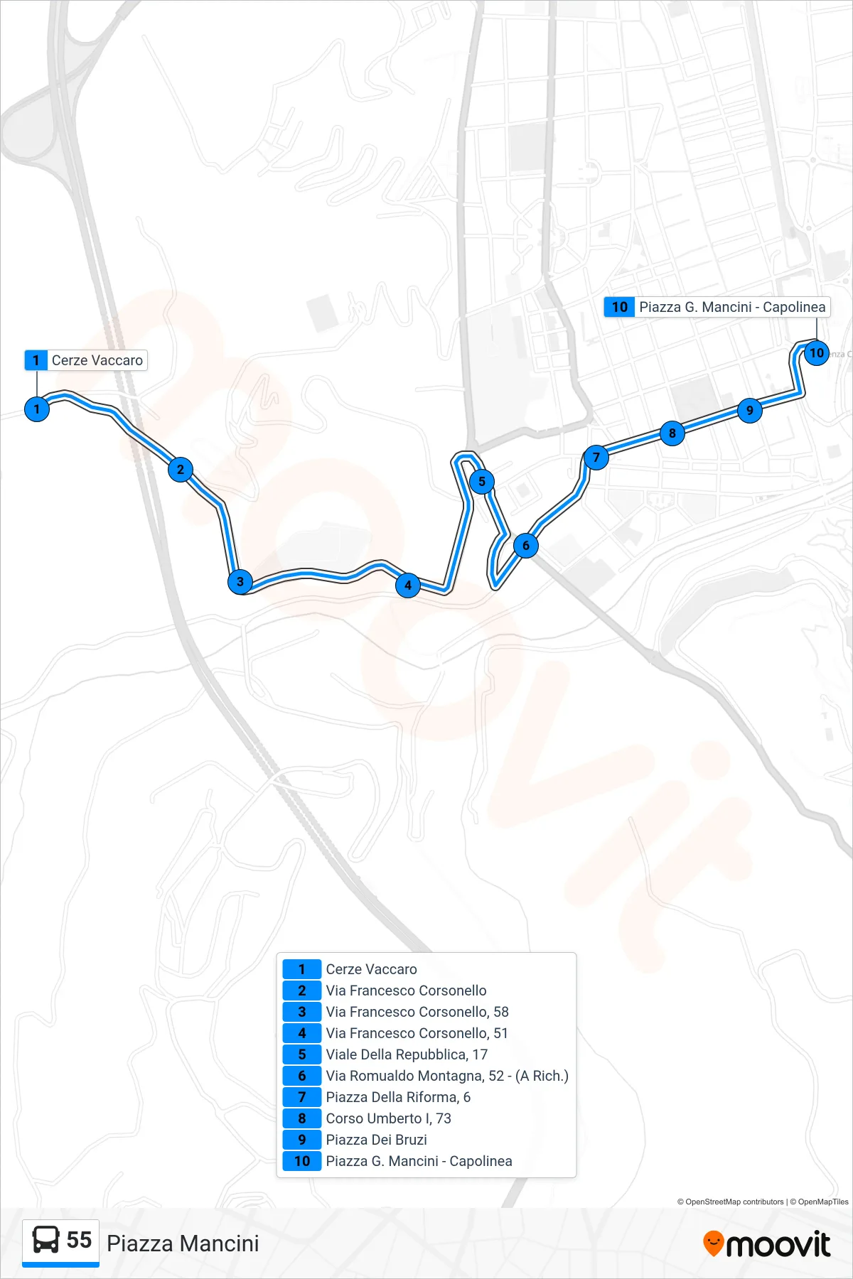 Linea 55 bus (Piazza Mancini) - Percorsi e fermate sulla mappa
