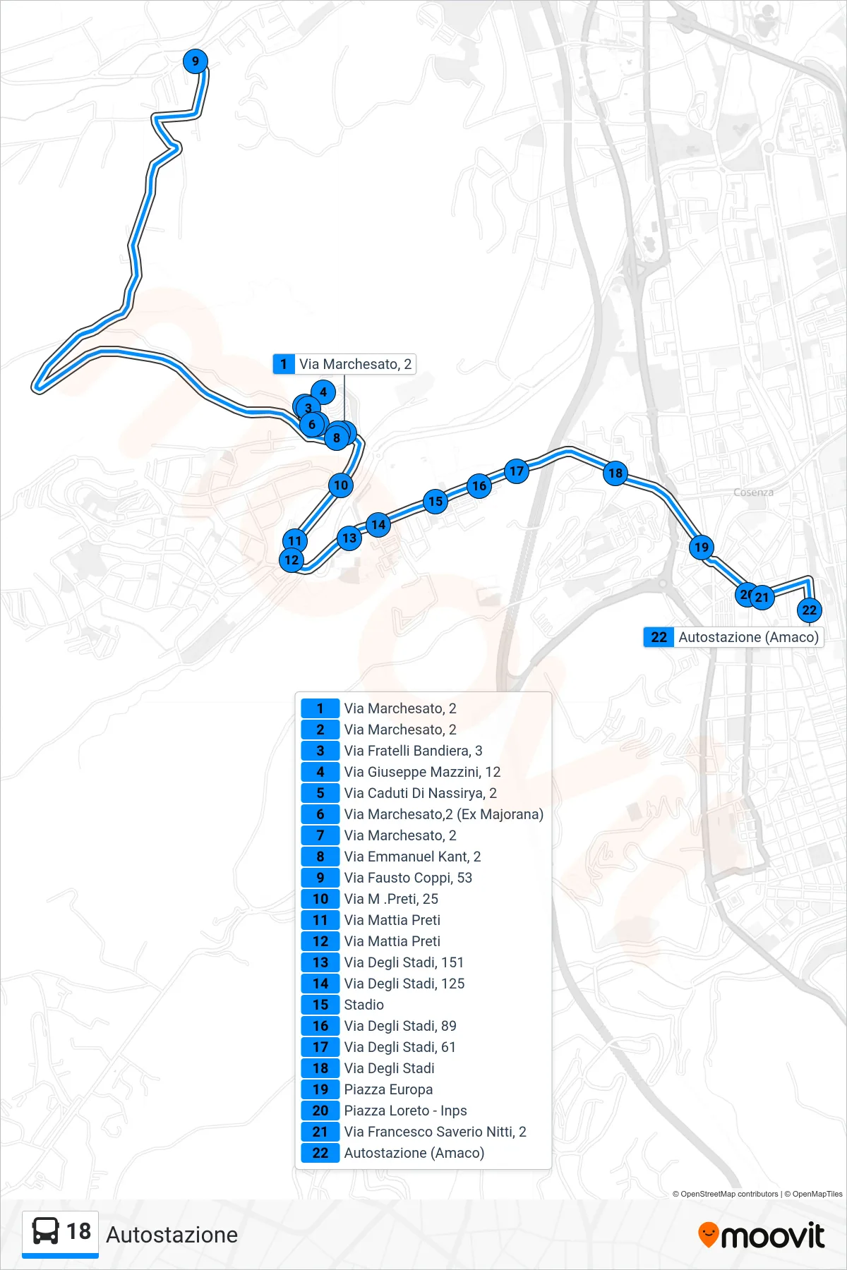 Linea 18 bus (Autostazione) - Percorsi e fermate sulla mappa