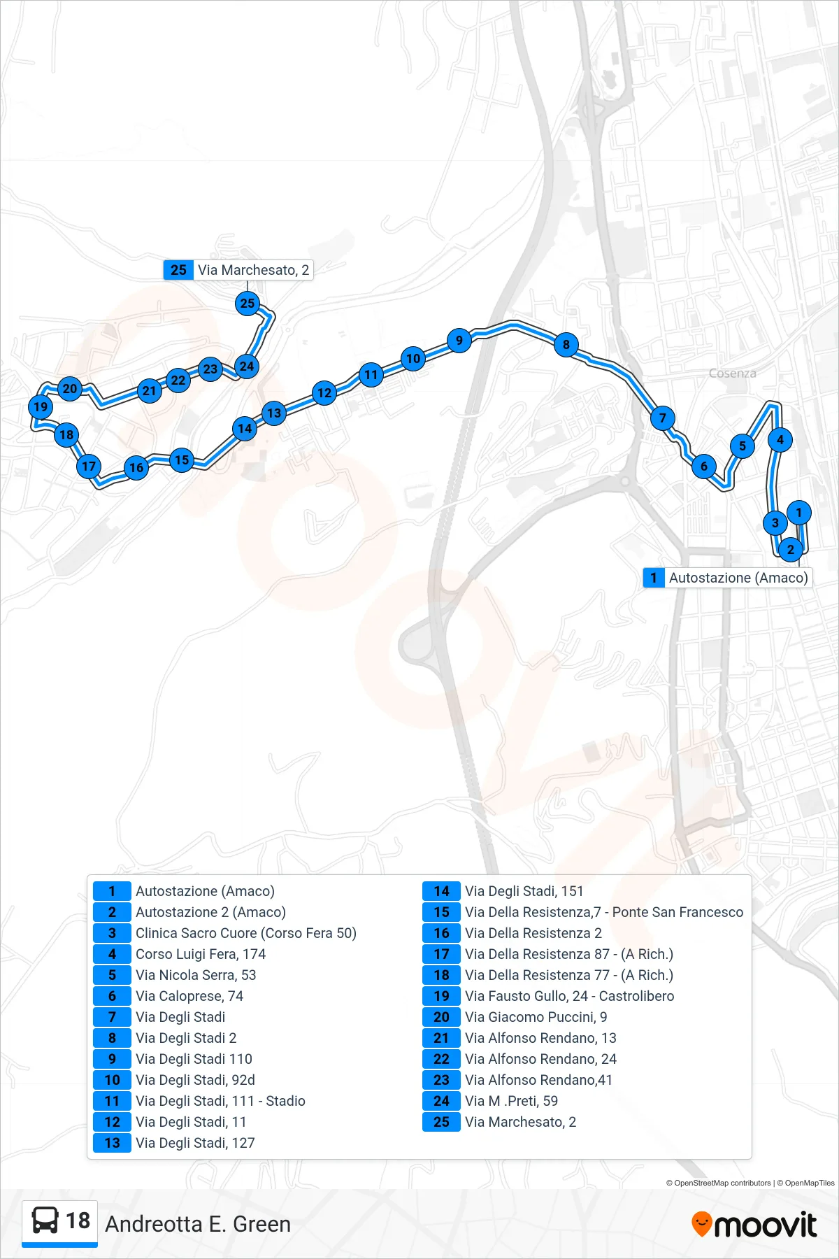 Linea 18 bus (Andreotta E. Green) - Percorsi e fermate sulla mappa
