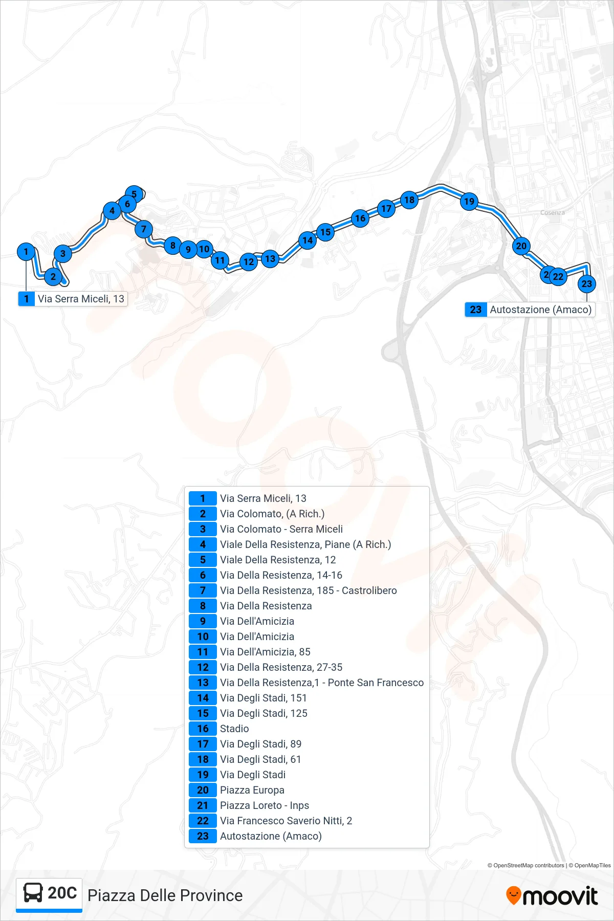 Linea 20C  bus (Piazza Delle Province) - Percorsi e fermate sulla mappa