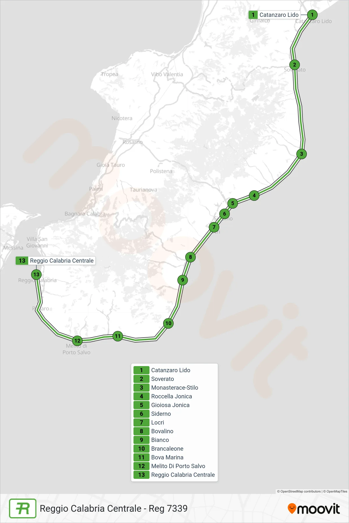 Linea REG treno (Reggio Calabria Centrale - Reg 7339) - Percorsi e fermate sulla mappa