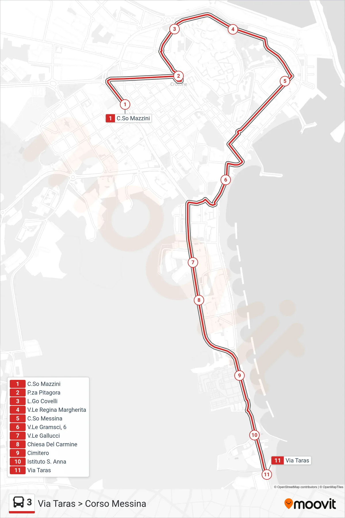 Linea 3 bus (Via Taras > Corso Messina) - Percorsi e fermate sulla mappa