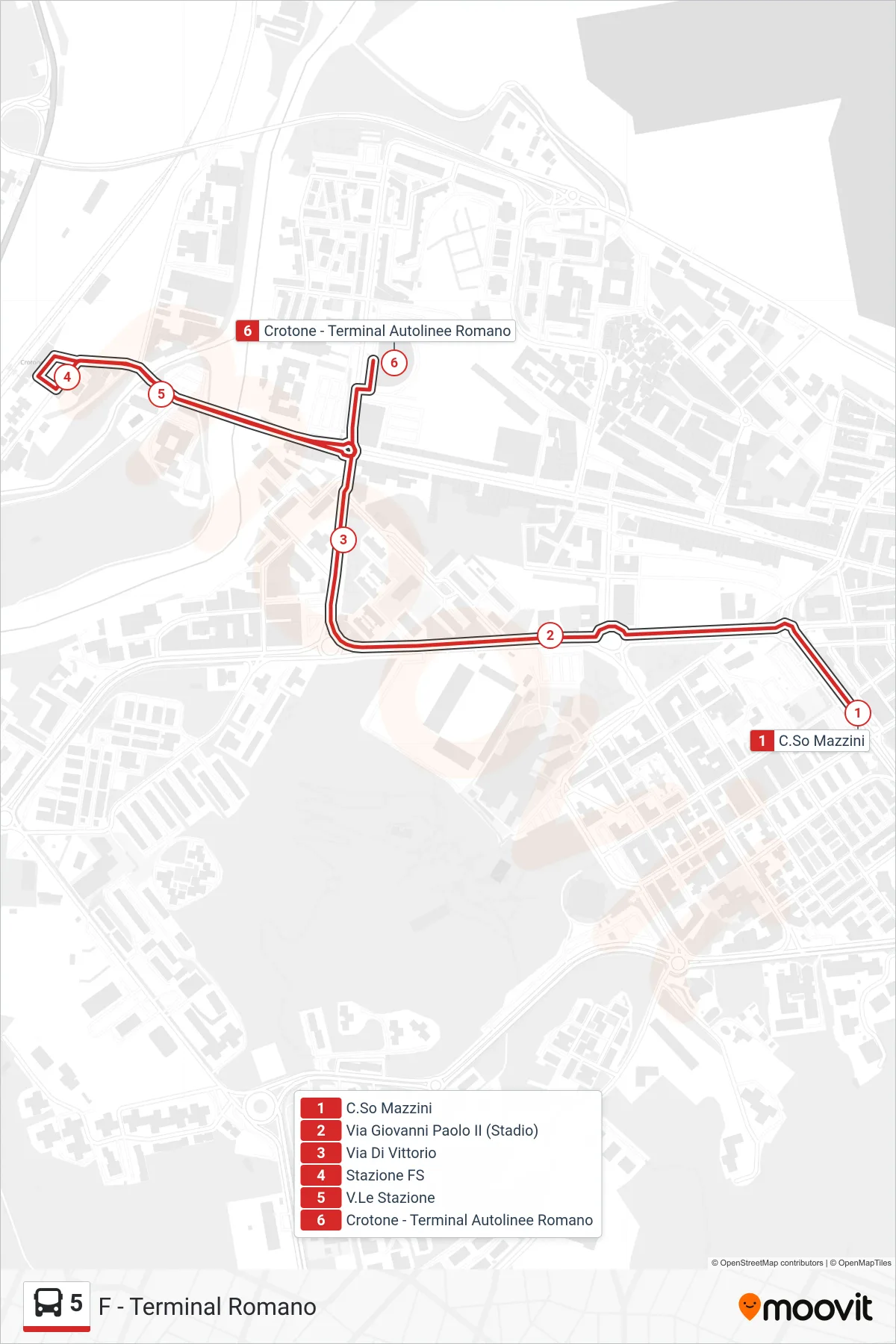 Linea 5 bus (F - Terminal Romano) - Percorsi e fermate sulla mappa