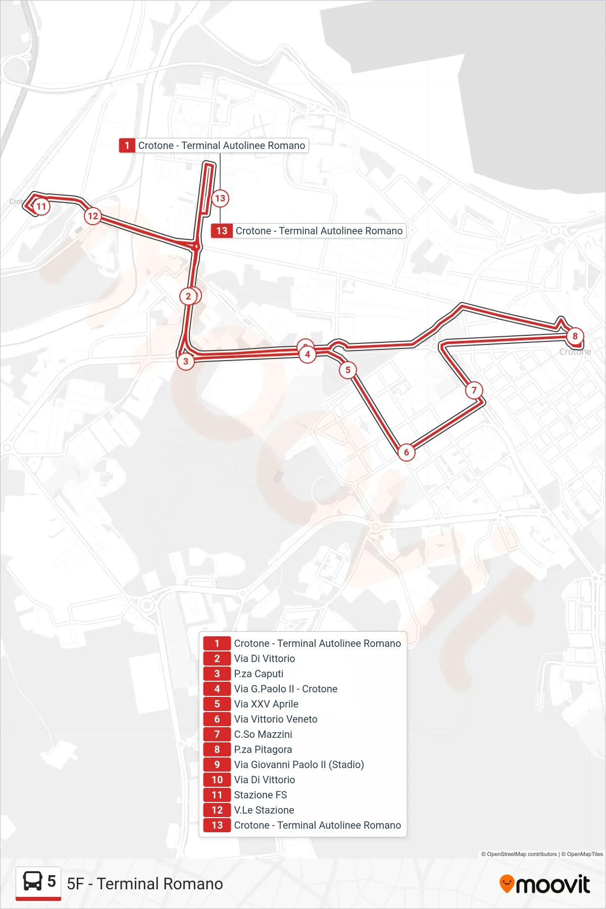 Linea 5 bus (5F - Terminal Romano) - Percorsi e fermate sulla mappa