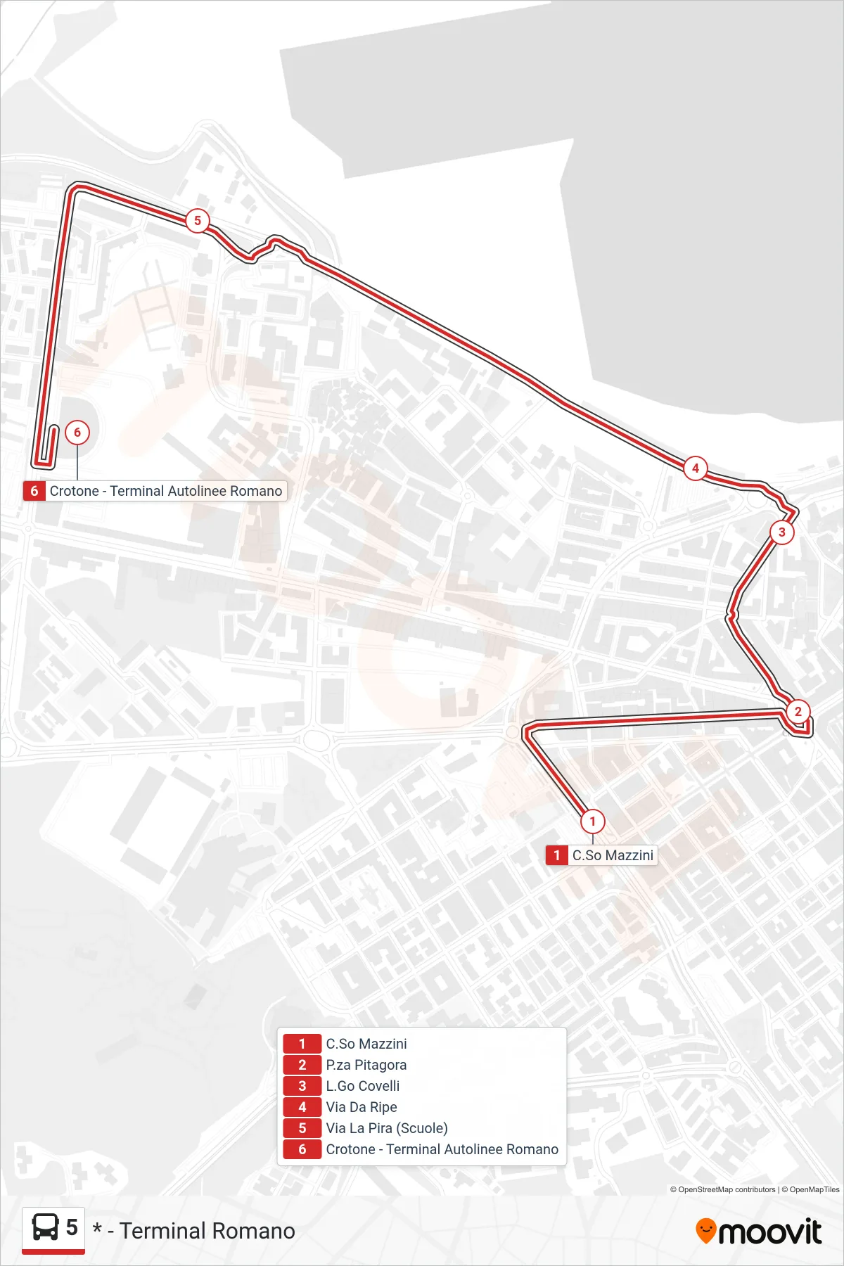 Linea 5  bus (* - Terminal Romano) - Percorsi e fermate sulla mappa