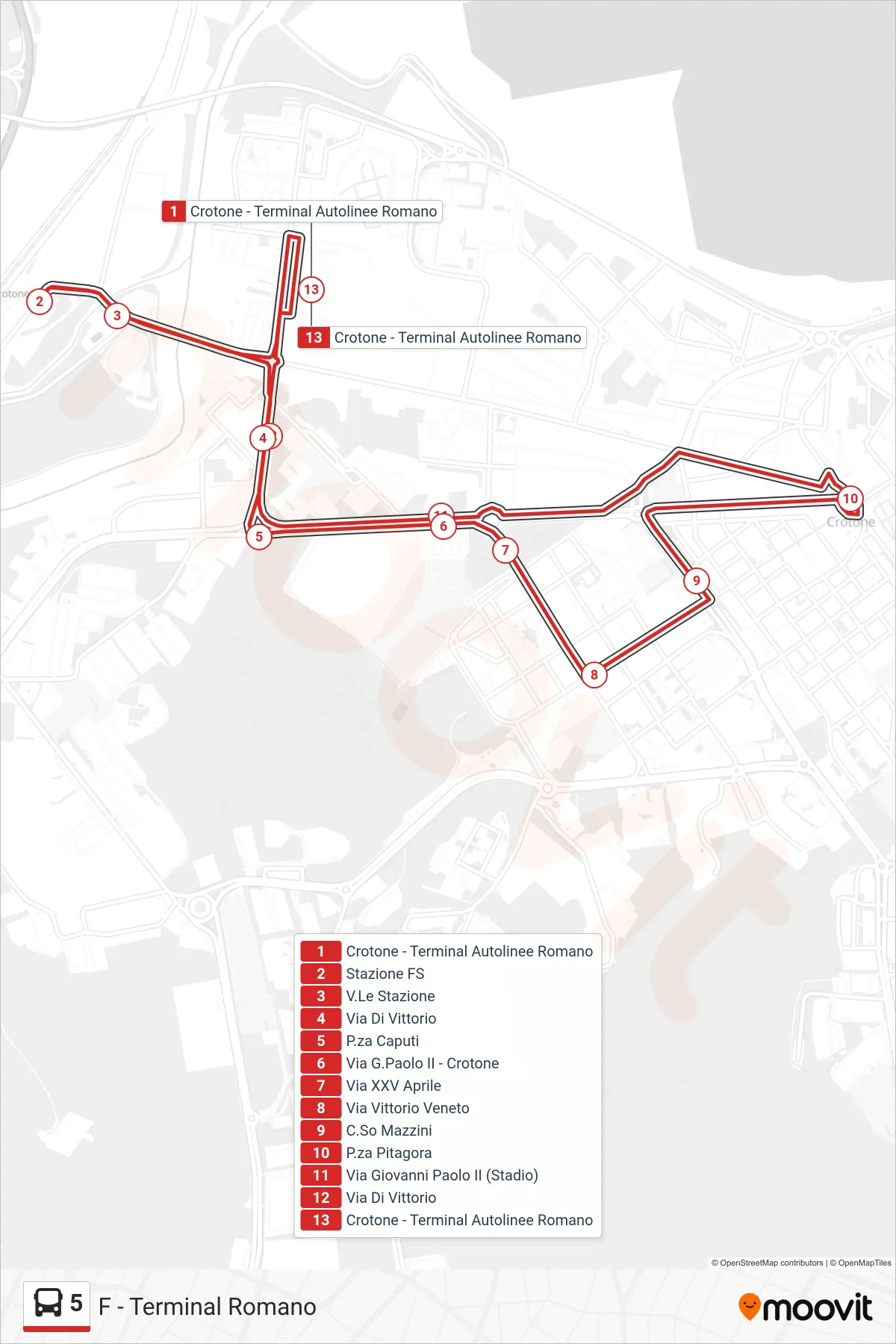 Linea 5 bus (F - Terminal Romano) - Percorsi e fermate sulla mappa