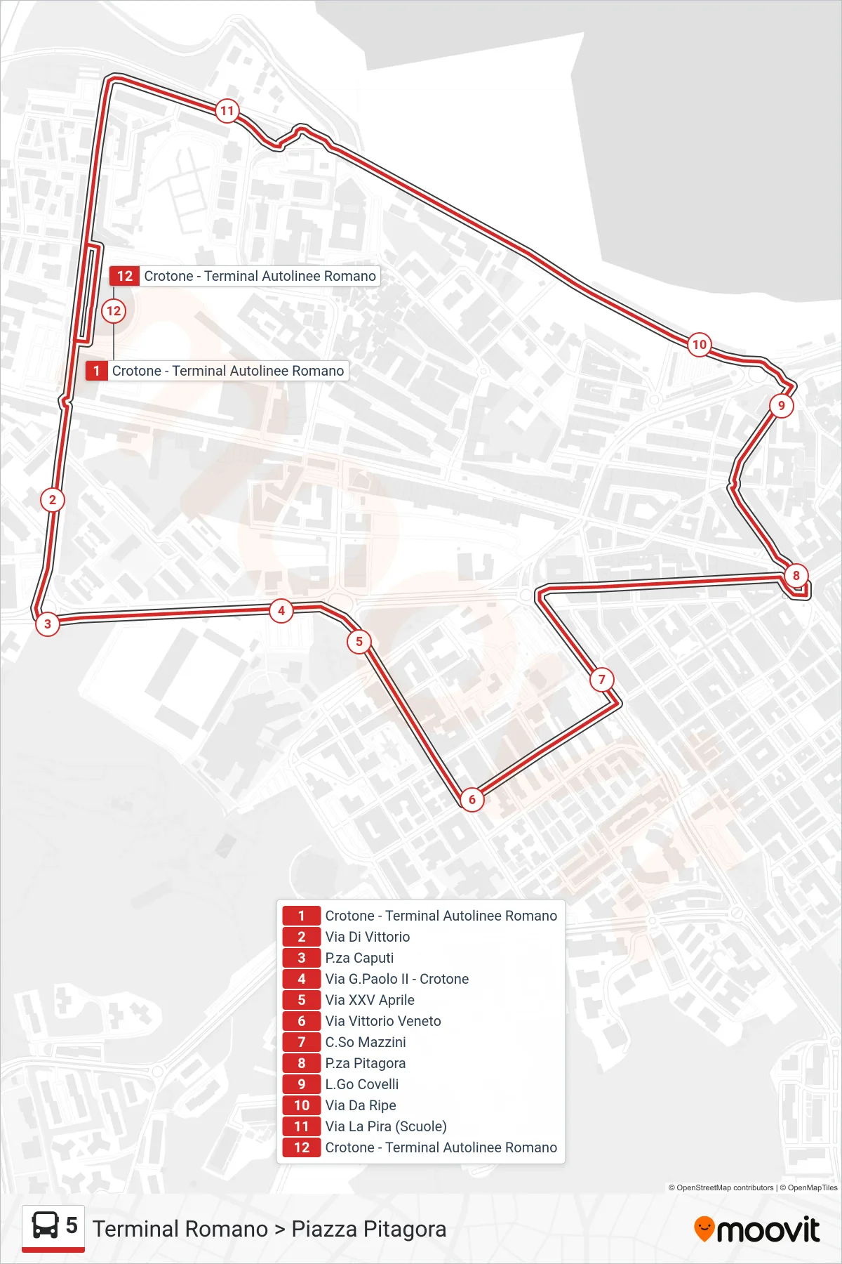 Linea 5  bus (Terminal Romano > Piazza Pitagora) - Percorsi e fermate sulla mappa