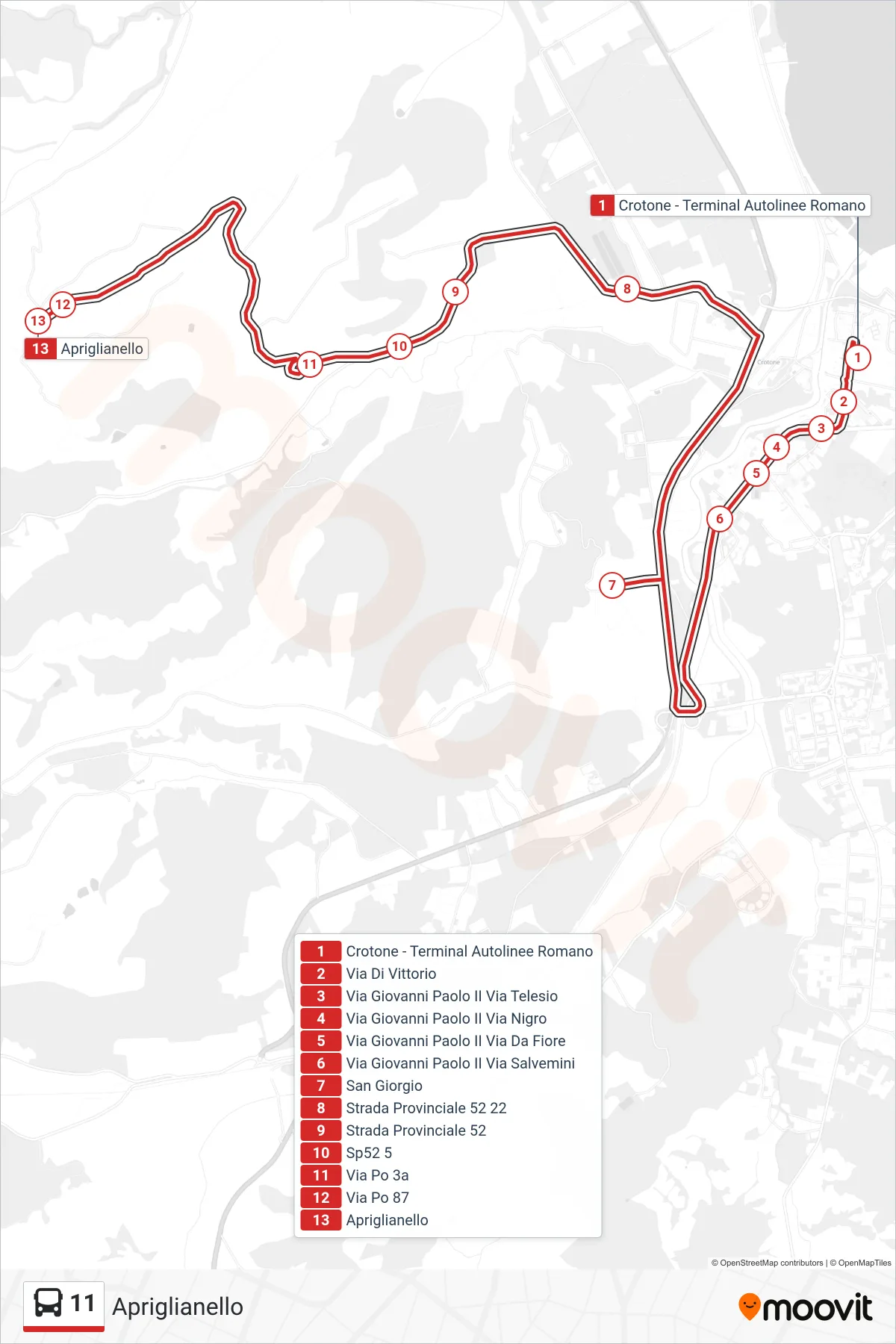 Linea 11  bus (Apriglianello) - Percorsi e fermate sulla mappa