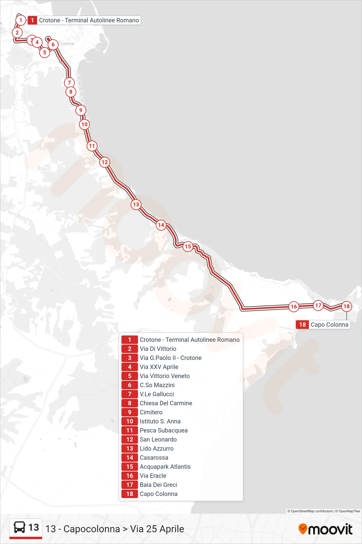 Linea 13 bus (13 - Capocolonna > Via 25 Aprile) - Percorsi e fermate sulla mappa