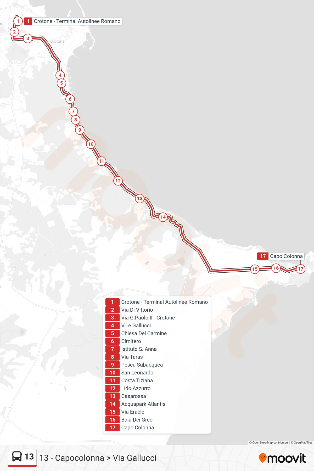 Linea 13  bus (13 - Capocolonna > Via Gallucci) - Percorsi e fermate sulla mappa