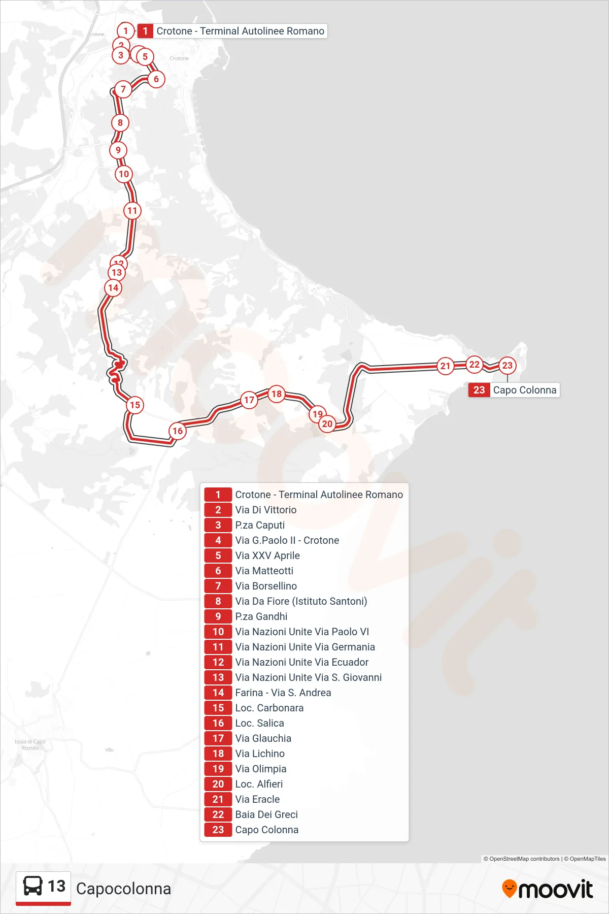 Linea 13 bus (Capocolonna) - Percorsi e fermate sulla mappa