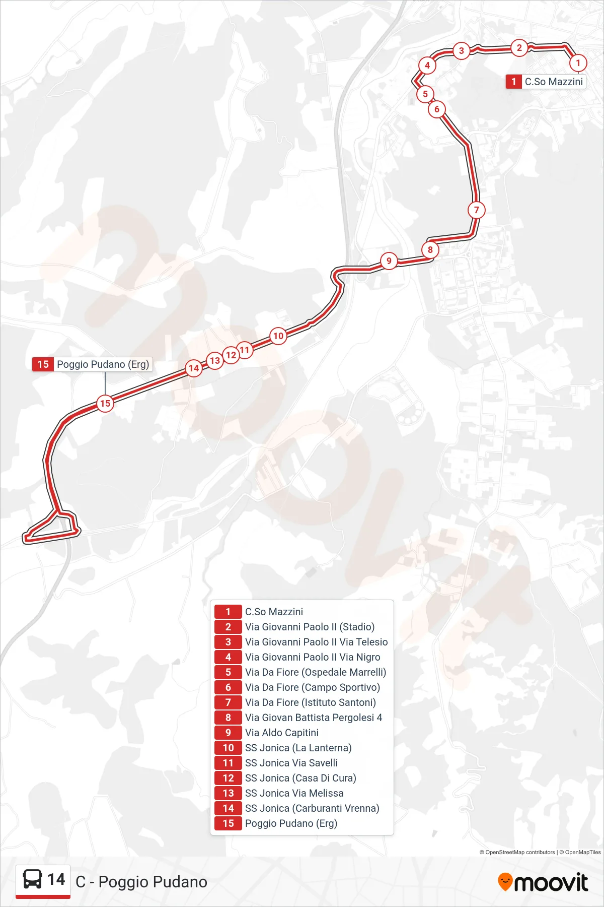 Linea 14 bus (C - Poggio Pudano) - Percorsi e fermate sulla mappa