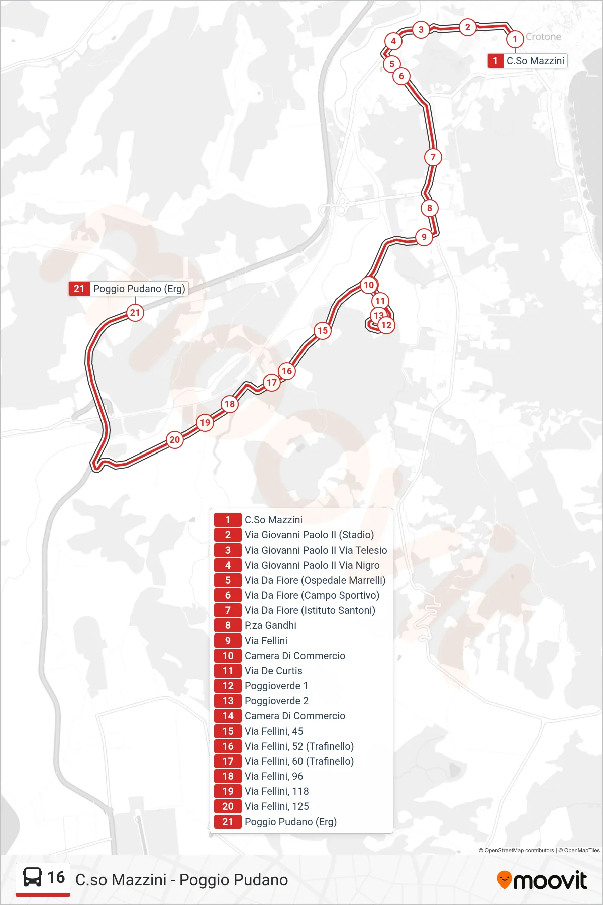 Linea 16  bus (* - Poggio Pudano) - Percorsi e fermate sulla mappa