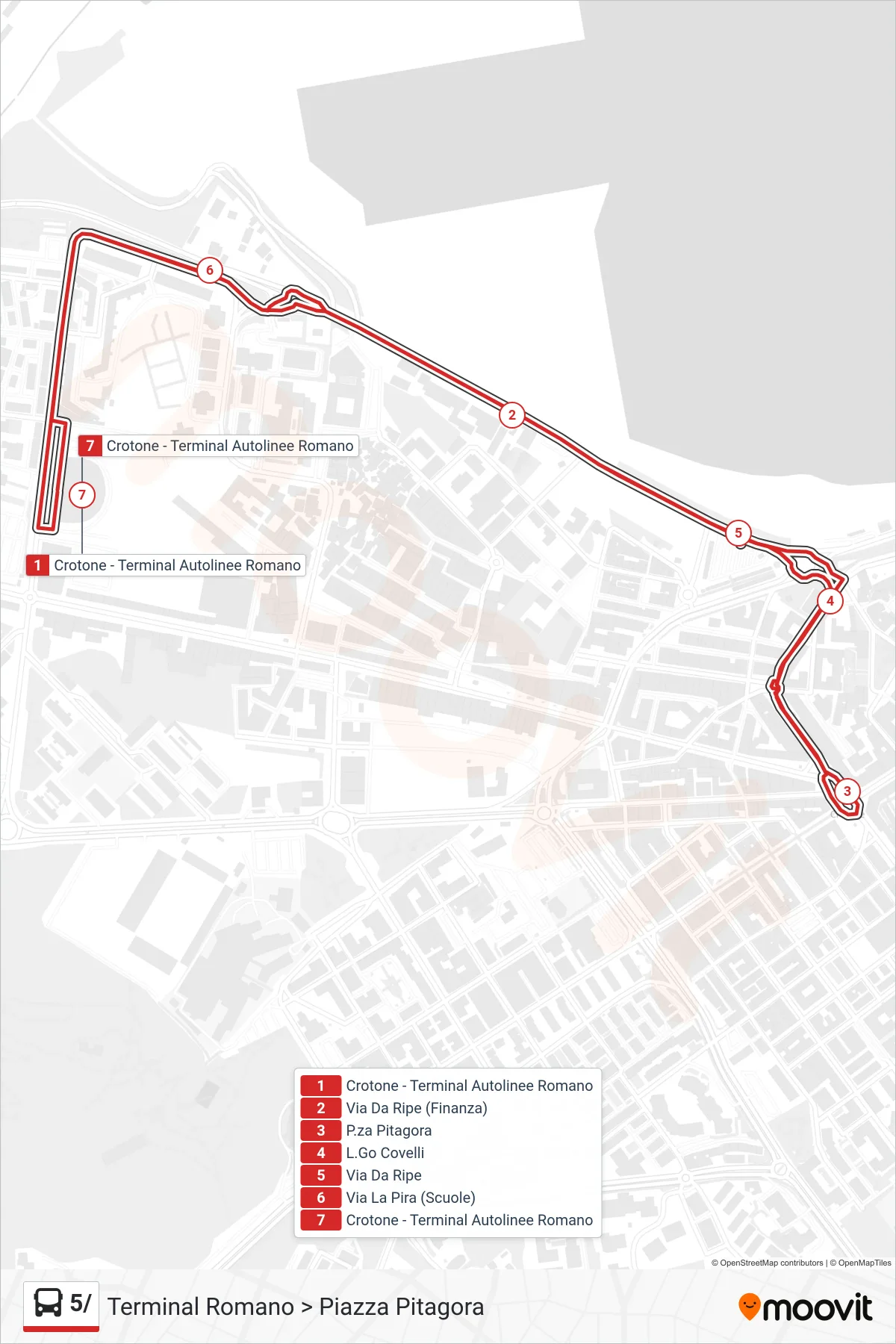 Linea 5/  bus (Terminal Romano > Piazza Pitagora) - Percorsi e fermate sulla mappa