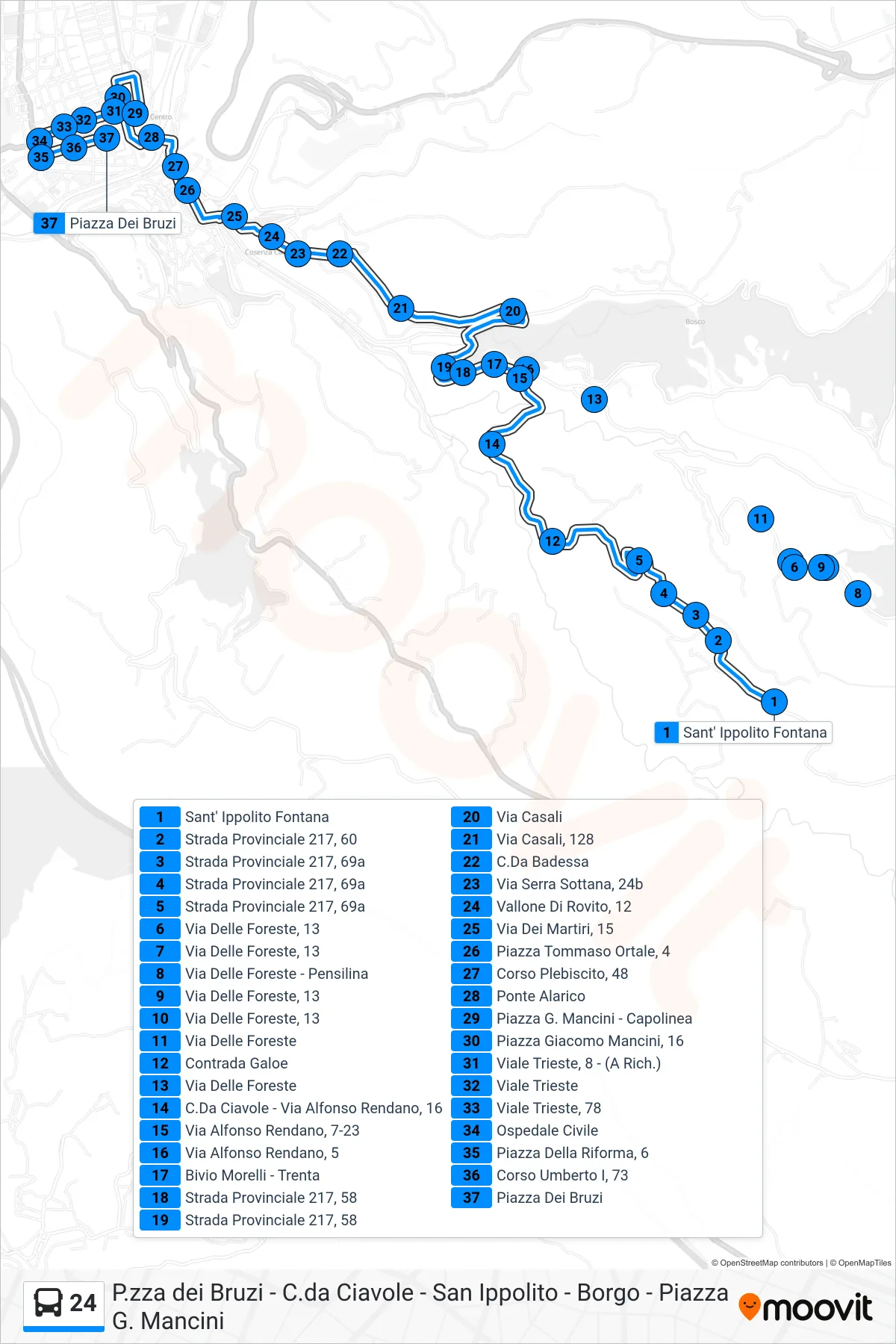 Linea 24  bus (Piazza Dei Bruzi) - Percorsi e fermate sulla mappa