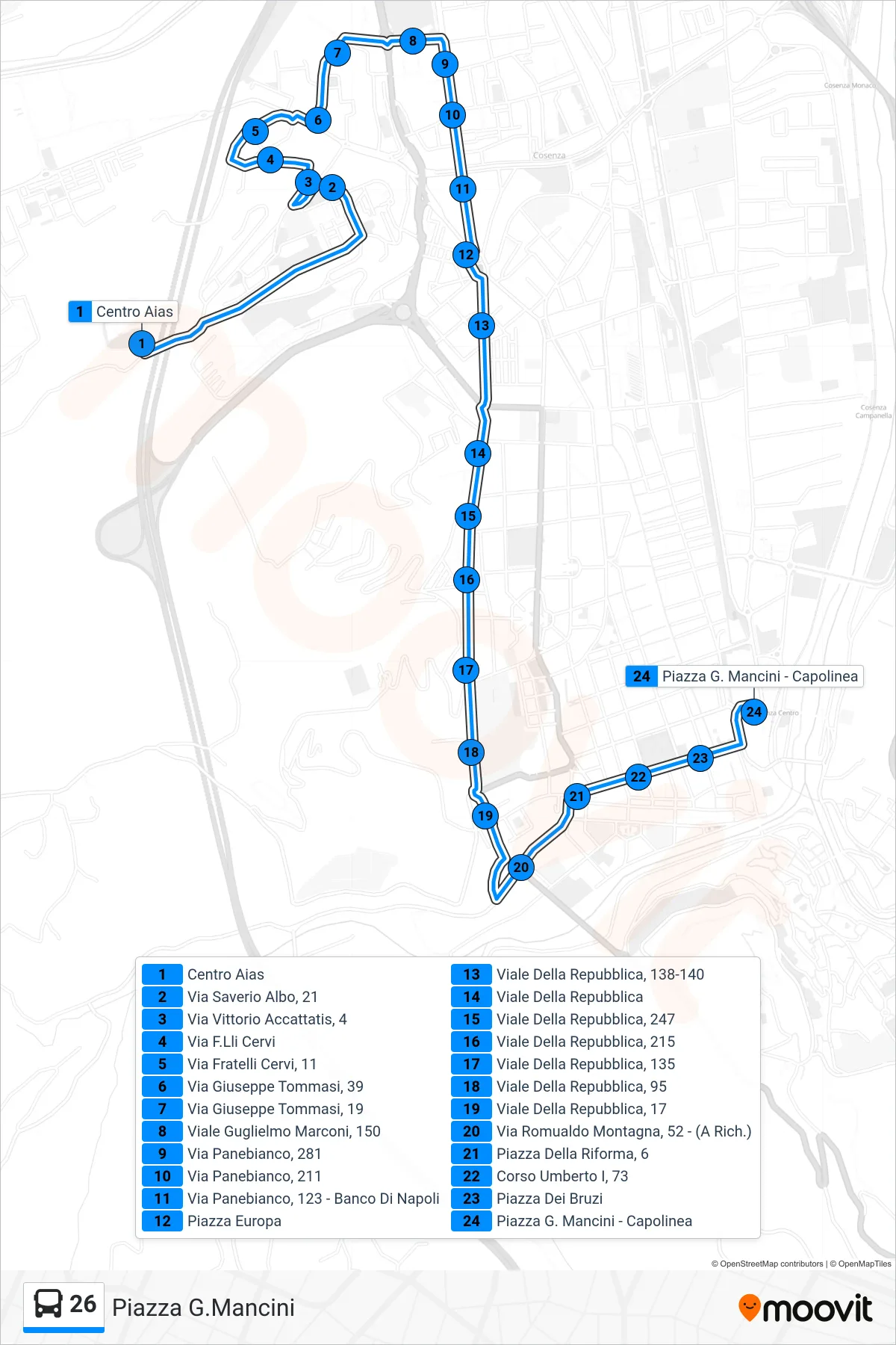 Linea 26 bus (Piazza G.Mancini) - Percorsi e fermate sulla mappa