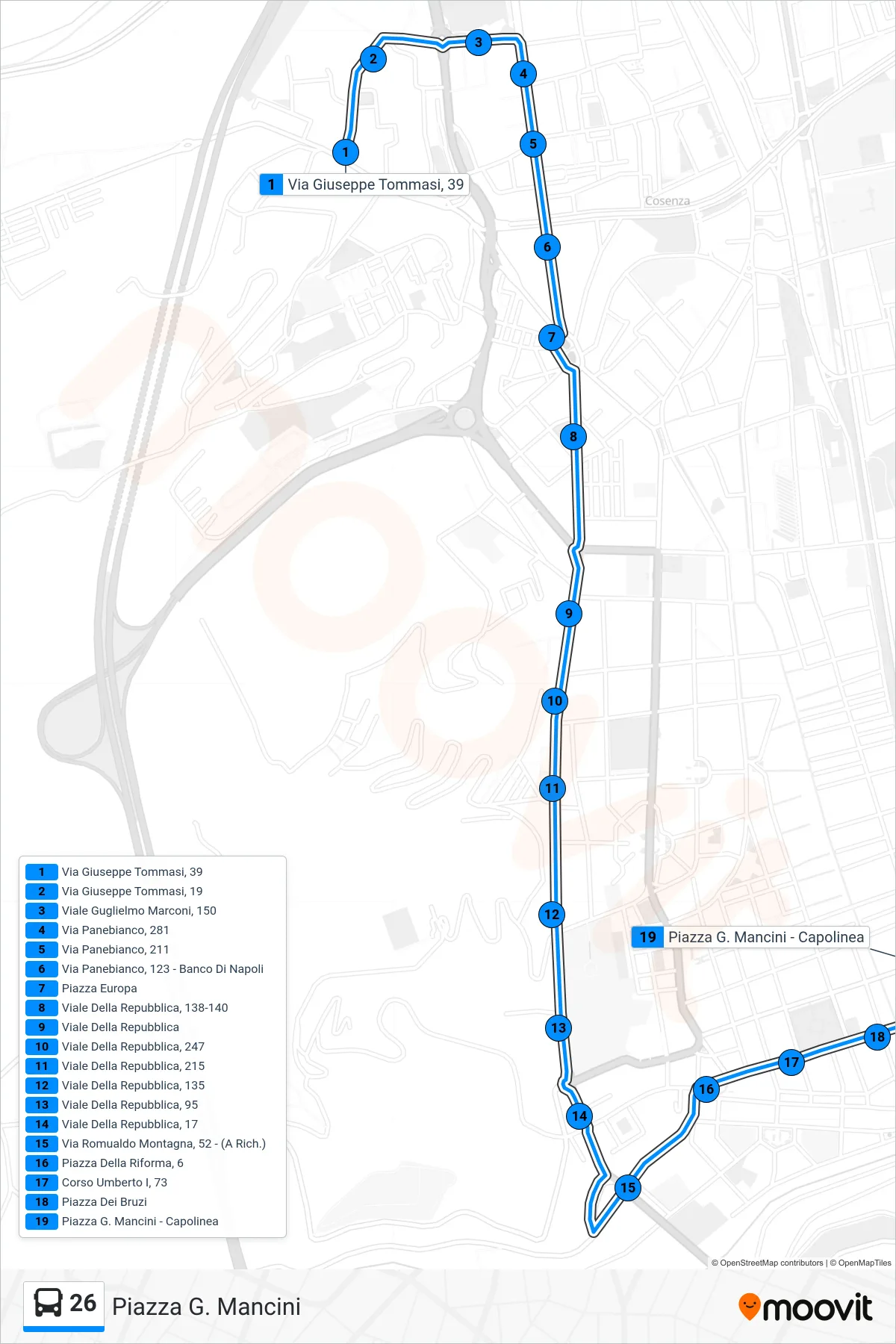 Linea 26  bus (Piazza G. Mancini) - Percorsi e fermate sulla mappa