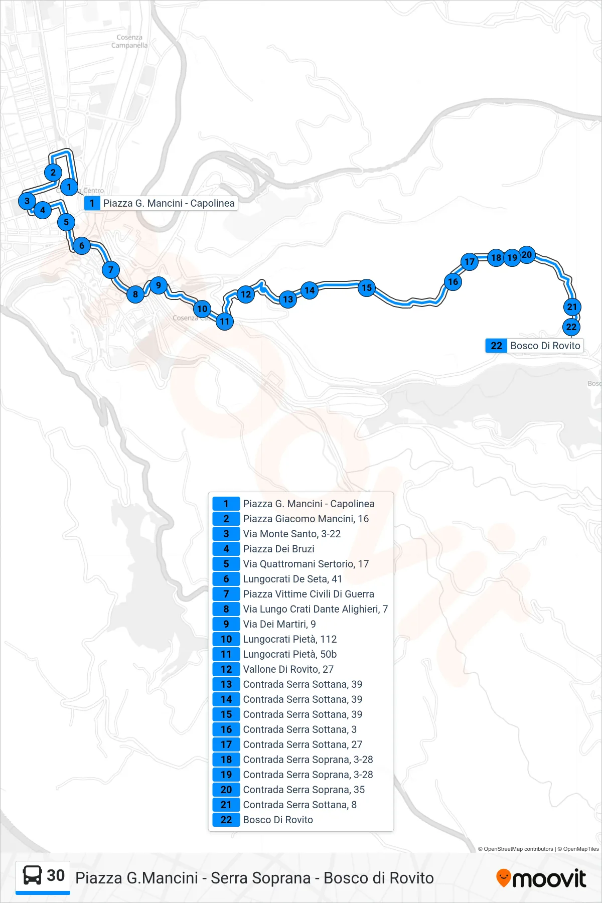 Linea 30 bus (Bosco Di Rovito) - Percorsi e fermate sulla mappa