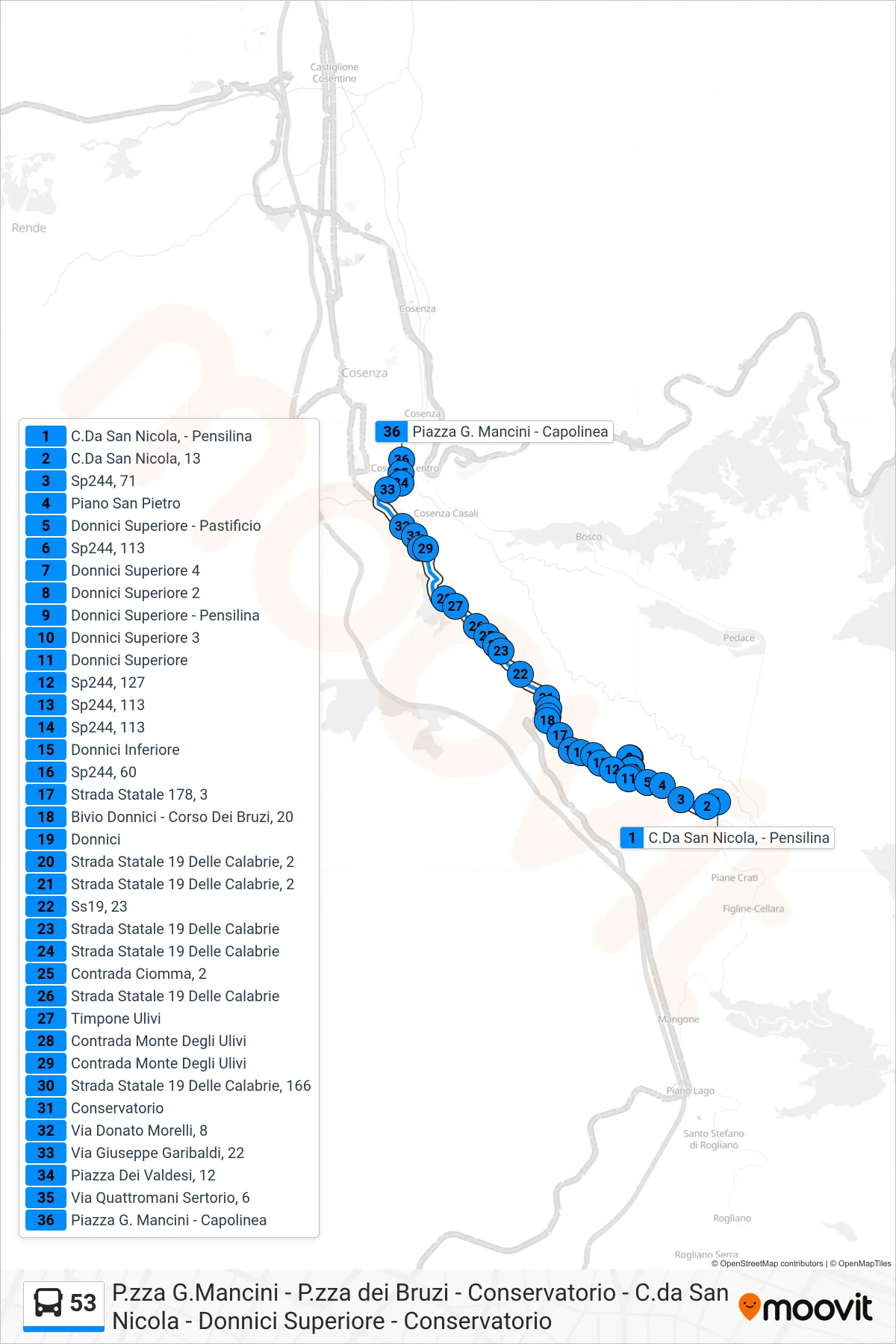 Linea 53 bus (Piazza G. Mancini) - Percorsi e fermate sulla mappa