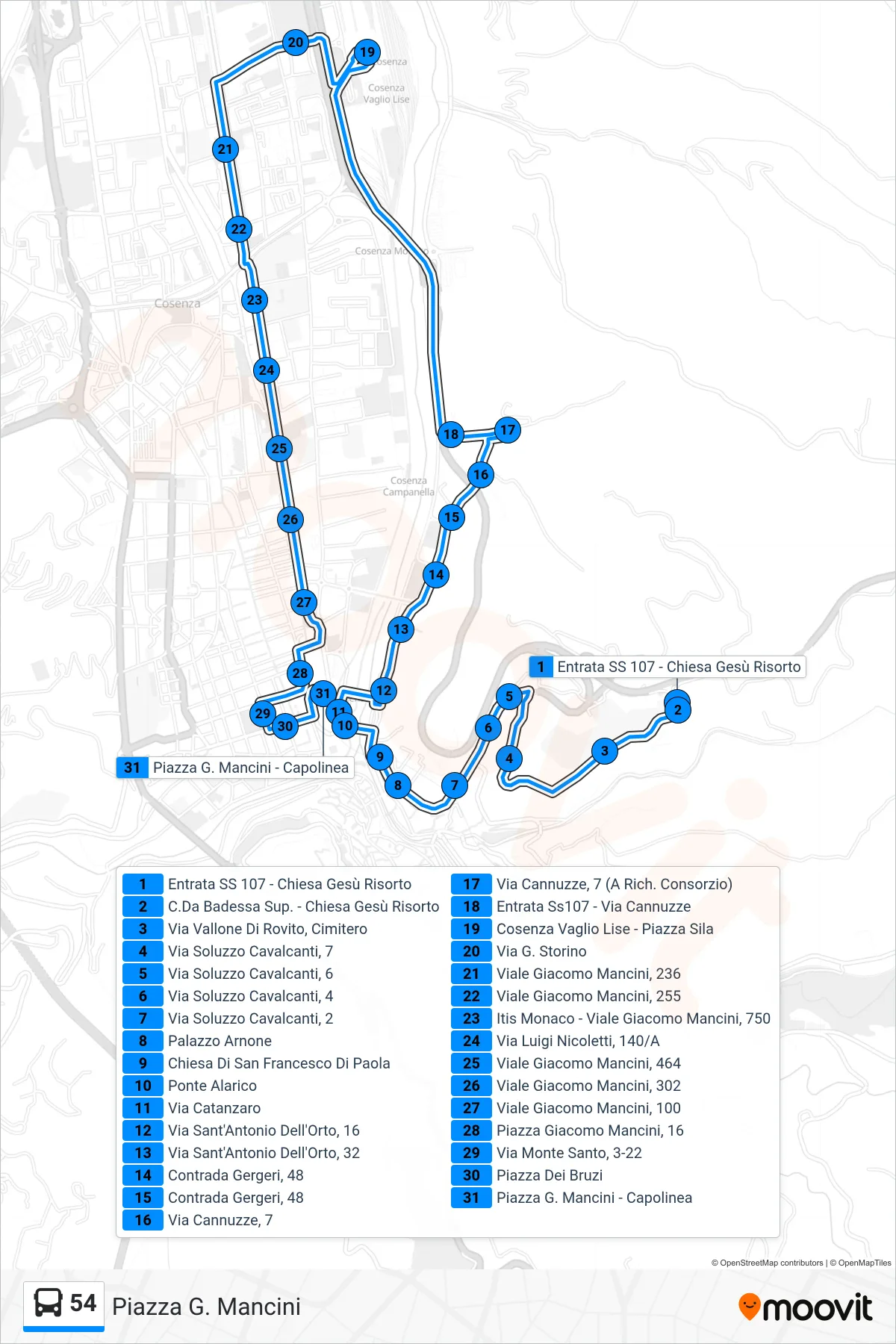 Linea 54 bus (Piazza G. Mancini) - Percorsi e fermate sulla mappa