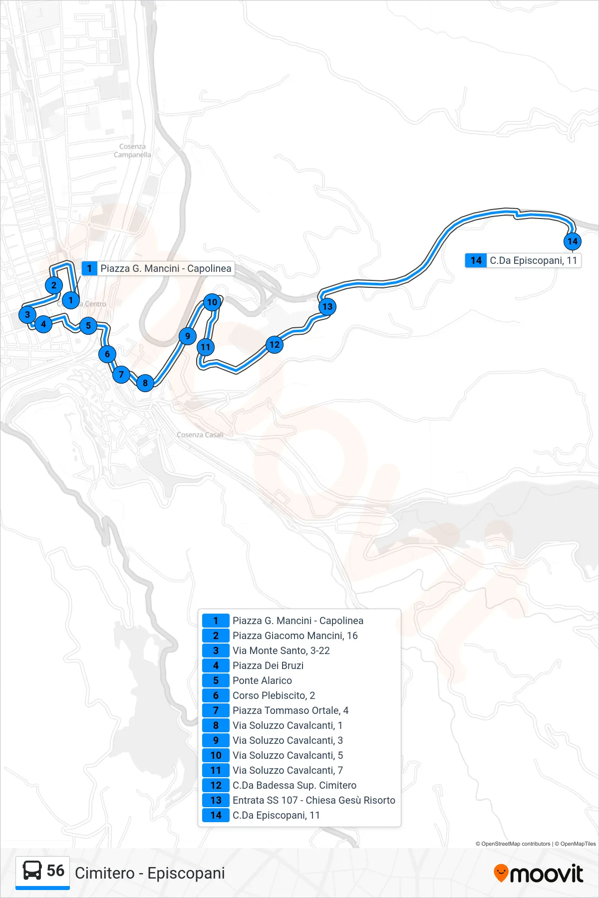 Linea 56  bus (Cimitero - Episcopani) - Percorsi e fermate sulla mappa