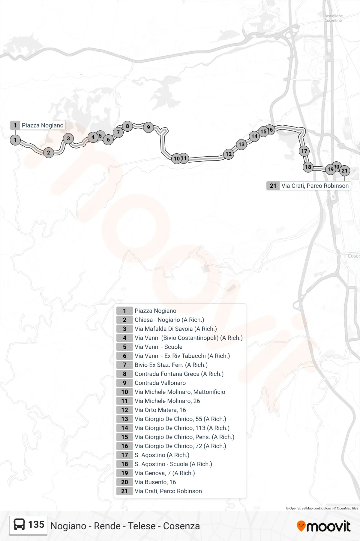 Linea 135 bus (Roges - Via Crati - Parco Robinson - Aa) - Percorsi e fermate sulla mappa