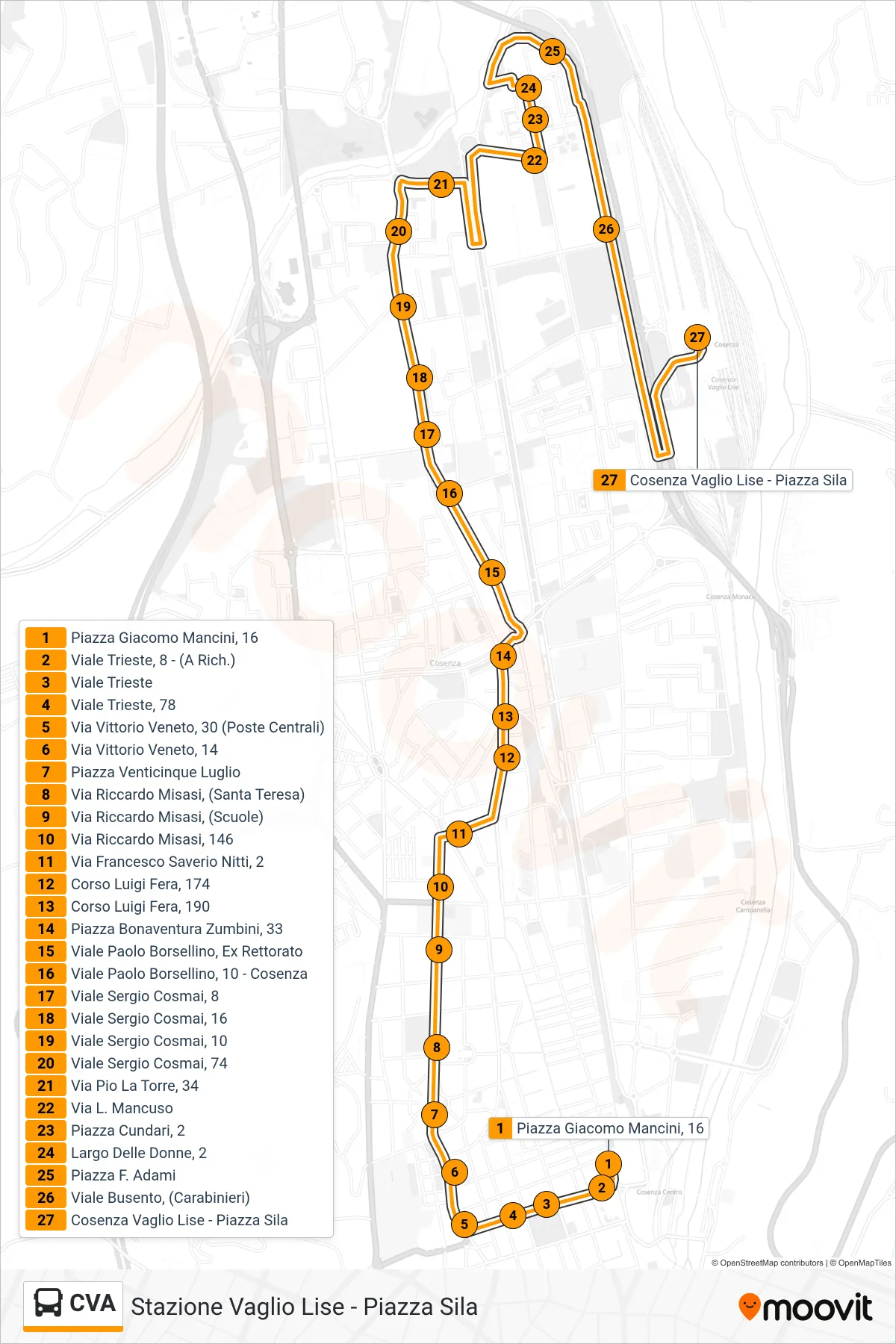 Linea CVA bus (Stazione Vaglio Lise - Piazza Sila) - Percorsi e fermate sulla mappa