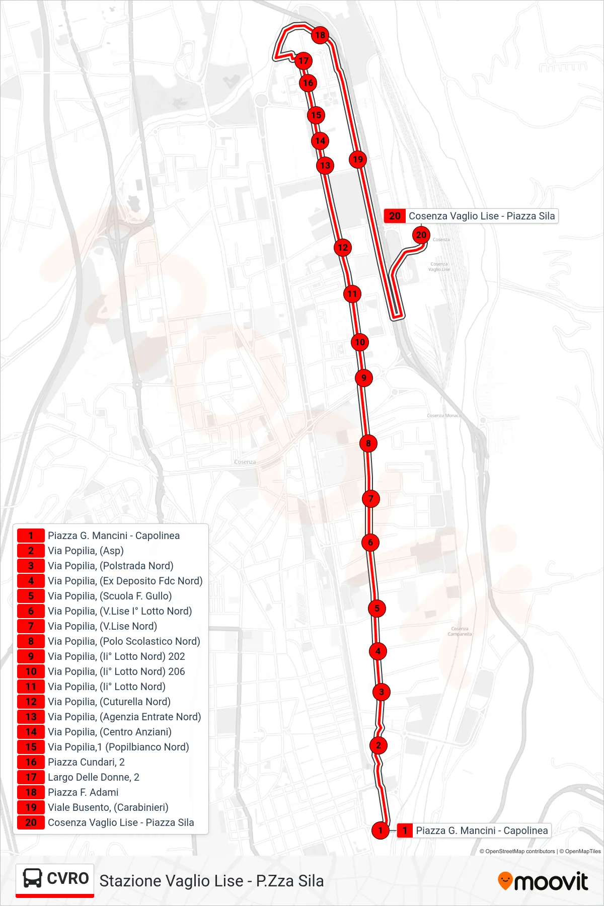 Linea CVRO bus (Stazione Vaglio Lise - P.Zza Sila) - Percorsi e fermate sulla mappa