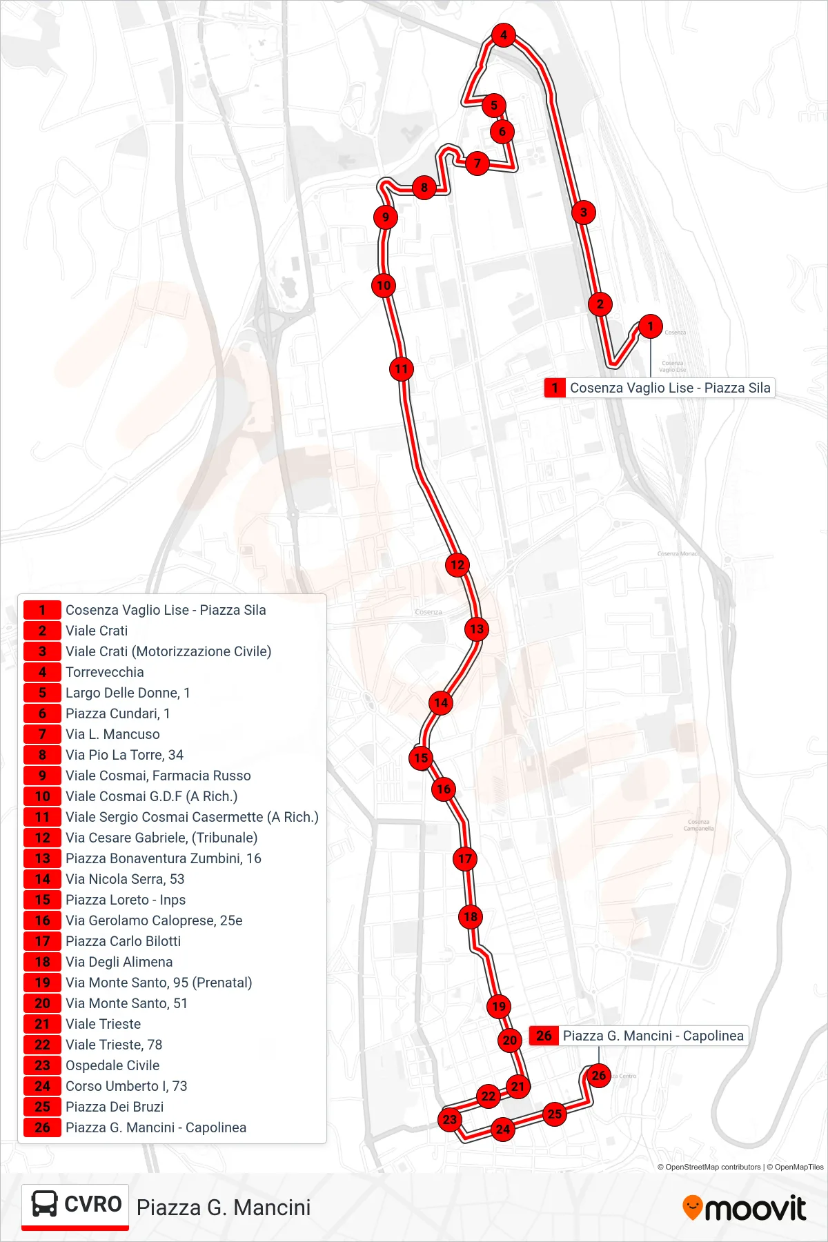 Linea CVRO  bus (Piazza G. Mancini) - Percorsi e fermate sulla mappa