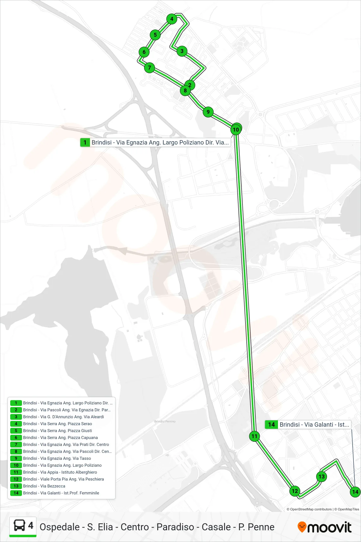 Linea 4  bus (Brindisi - Via Egnazia Ang. Largo Poliziano Dir. Via Serra‎→Brindisi - Via Galanti - Ist.Prof. Femminile) - Percorsi e fermate sulla mappa