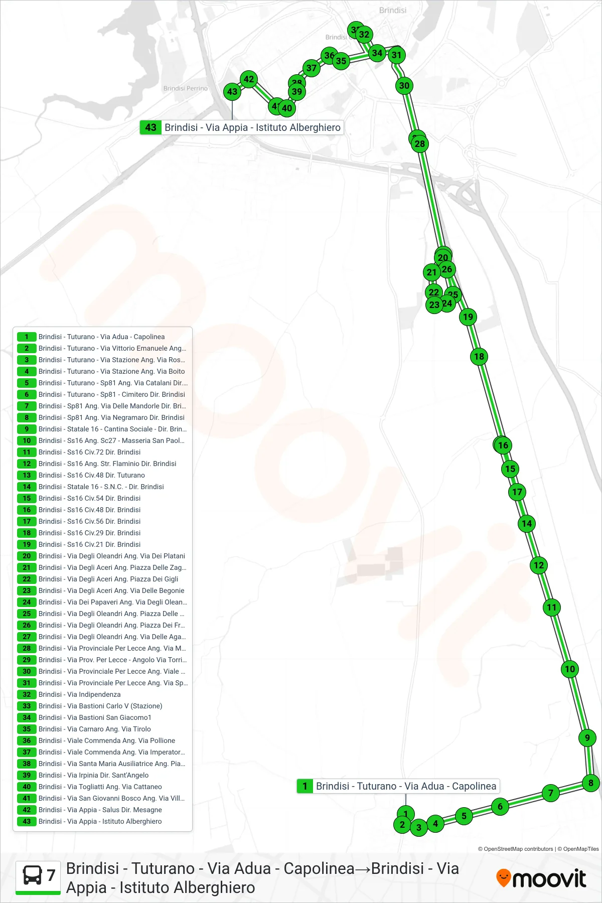 Linea 7 bus (Brindisi - Tuturano - Via Adua - Capolinea→Brindisi - Via Appia - Istituto Alberghiero) - Percorsi e fermate sulla mappa