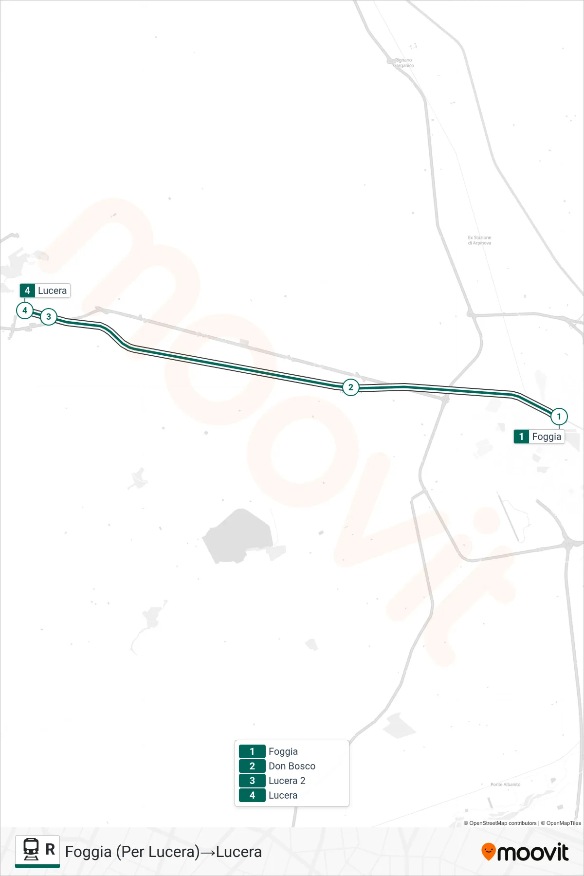 Linea R  treno (Foggia (Per Lucera)‎→Lucera) - Percorsi e fermate sulla mappa