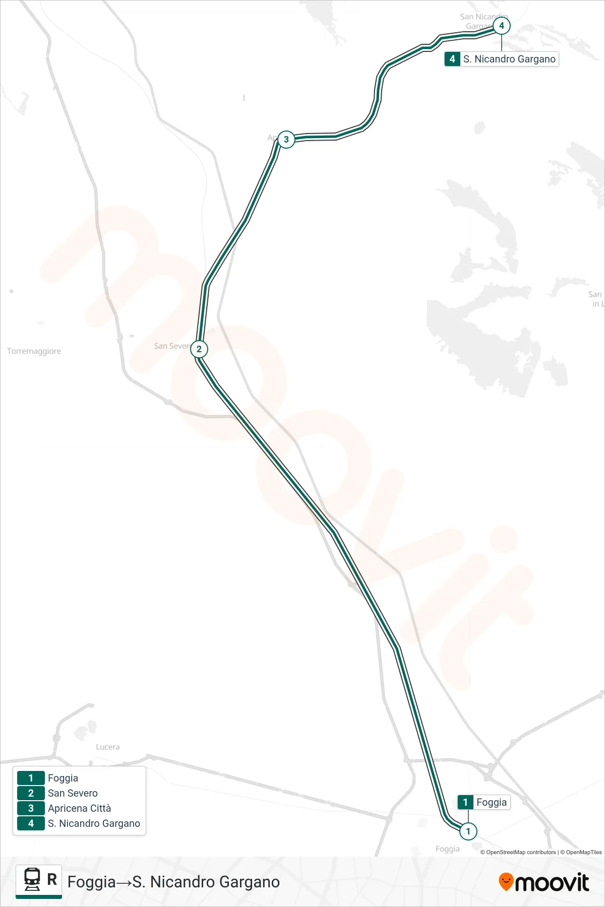Linea R treno (Foggia→S. Nicandro Gargano) - Percorsi e fermate sulla mappa