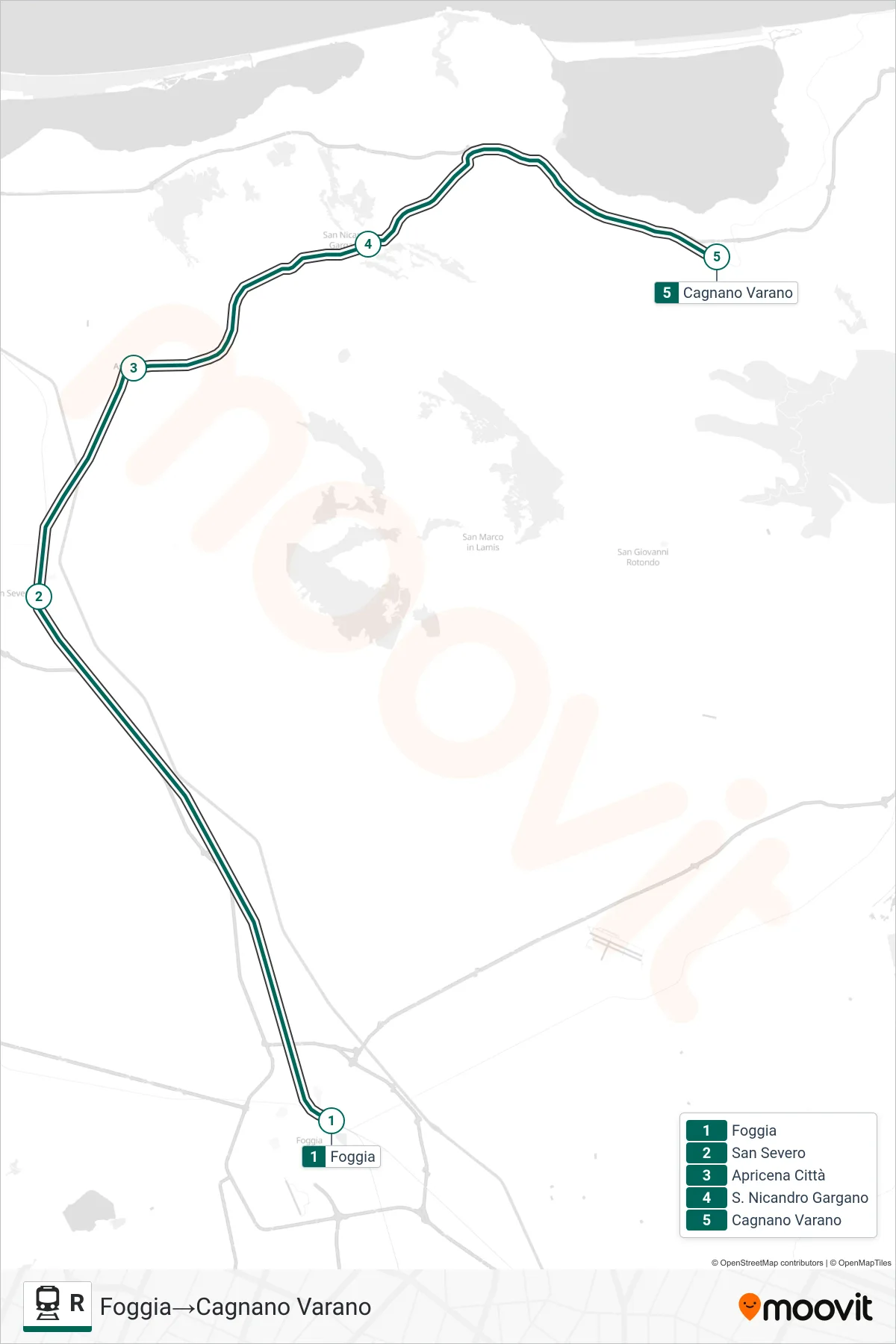 Linea R  treno (Foggia‎→Cagnano Varano) - Percorsi e fermate sulla mappa
