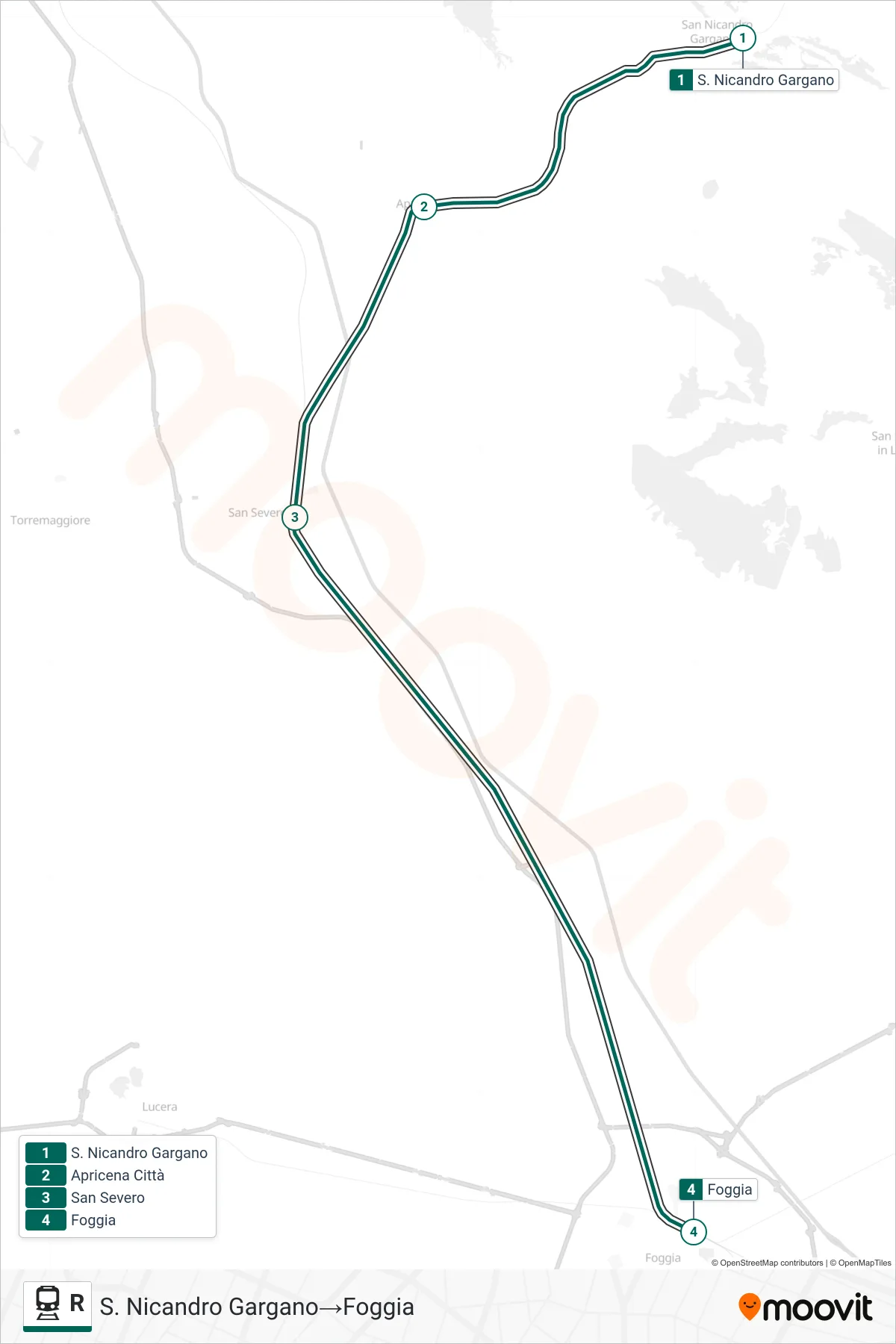 Linea R treno (S. Nicandro Gargano→Foggia) - Percorsi e fermate sulla mappa
