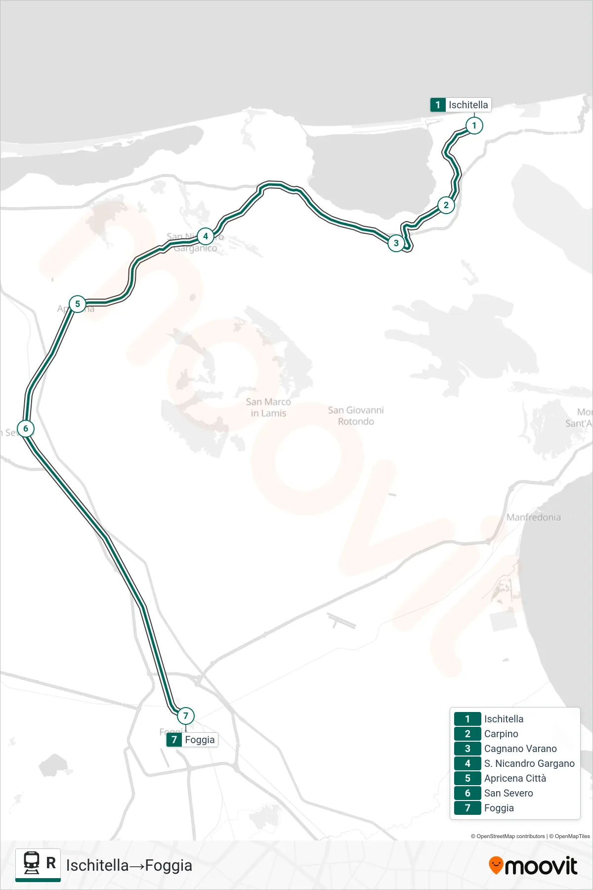 Linea R treno (Ischitella→Foggia) - Percorsi e fermate sulla mappa