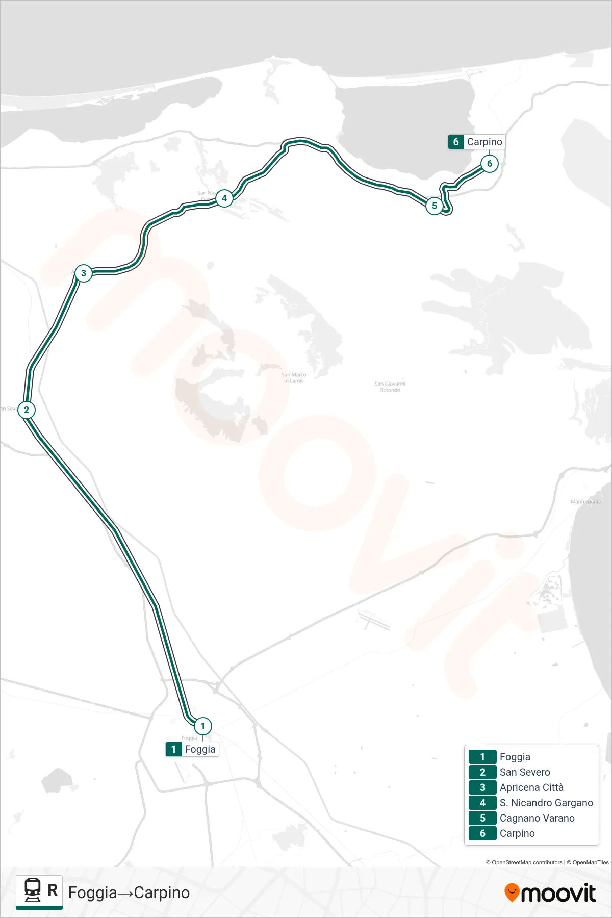 Linea R  treno (Foggia‎→Carpino) - Percorsi e fermate sulla mappa